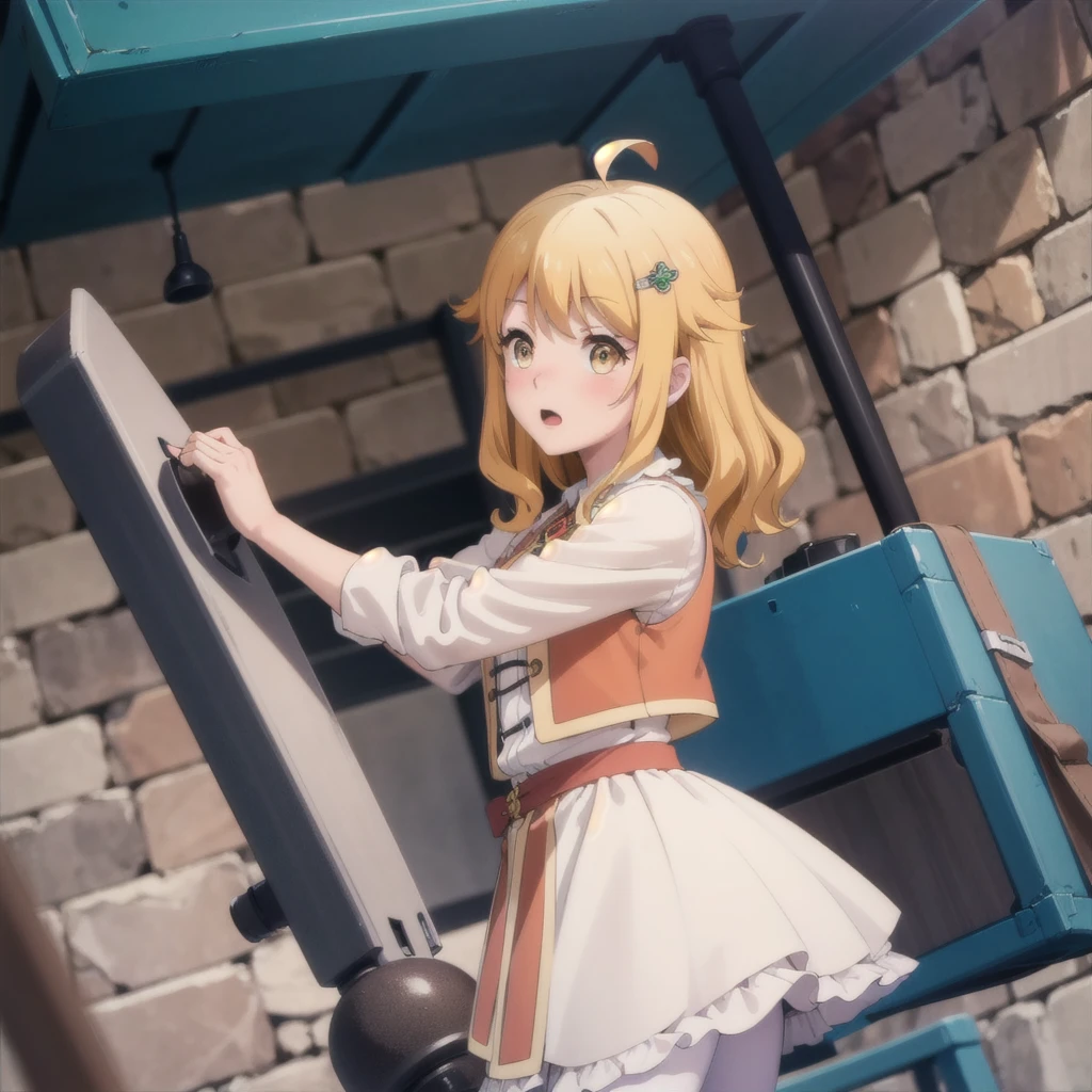 masterpiece, Highest quality,Small breasts, Emily,alone,Have a hammer,Finding_stance,White Pantyhose, Low Angle, You can see the drawer, Pull up the dress by hand, Strong winds, Translucent slip, Translucent slip, tights, Highest quality, Crotch close-up, whole body