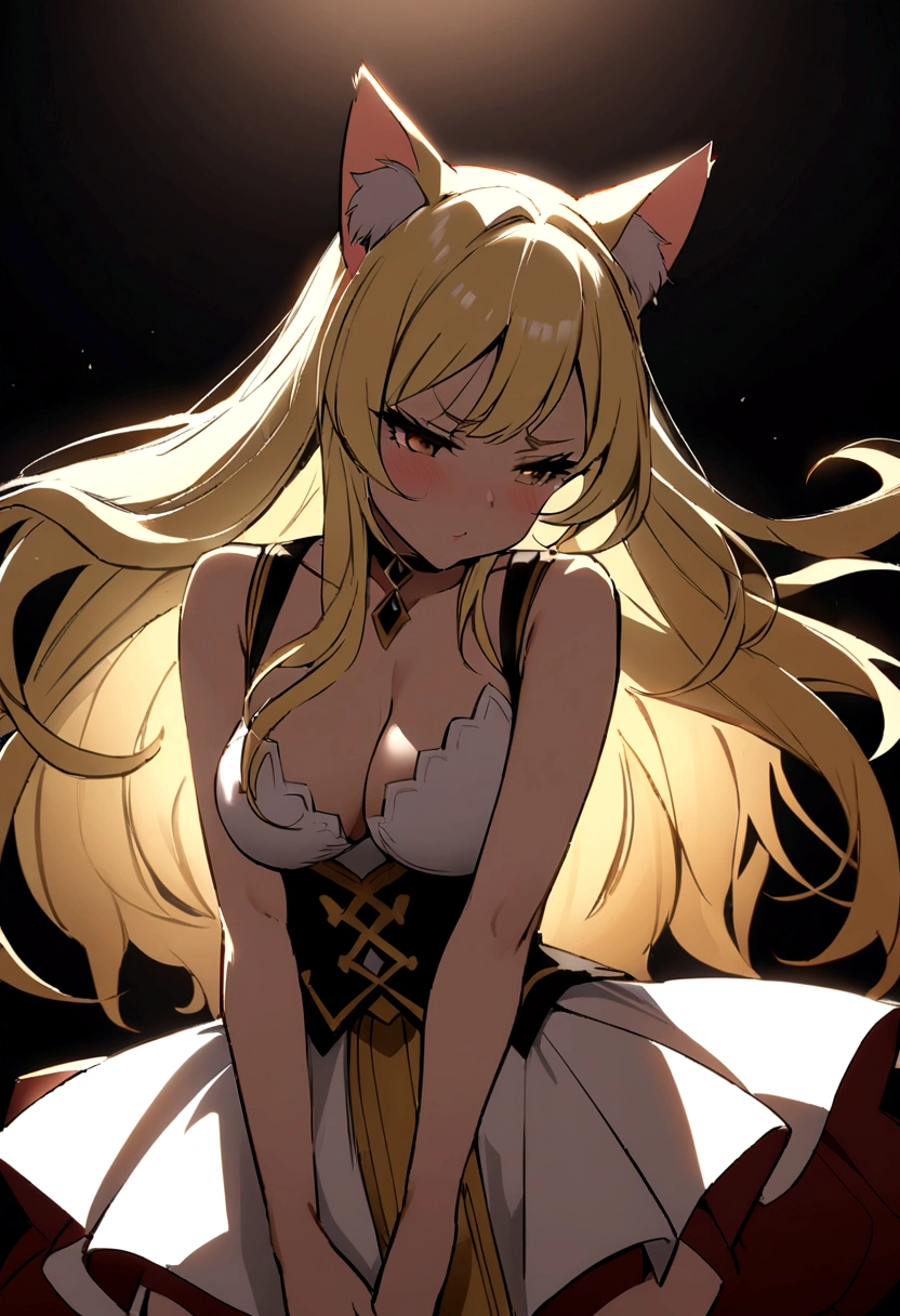 girl anime style short white and gold skirt seductive pose medium sized breasts blonde long hair flushed cheeks cat ears