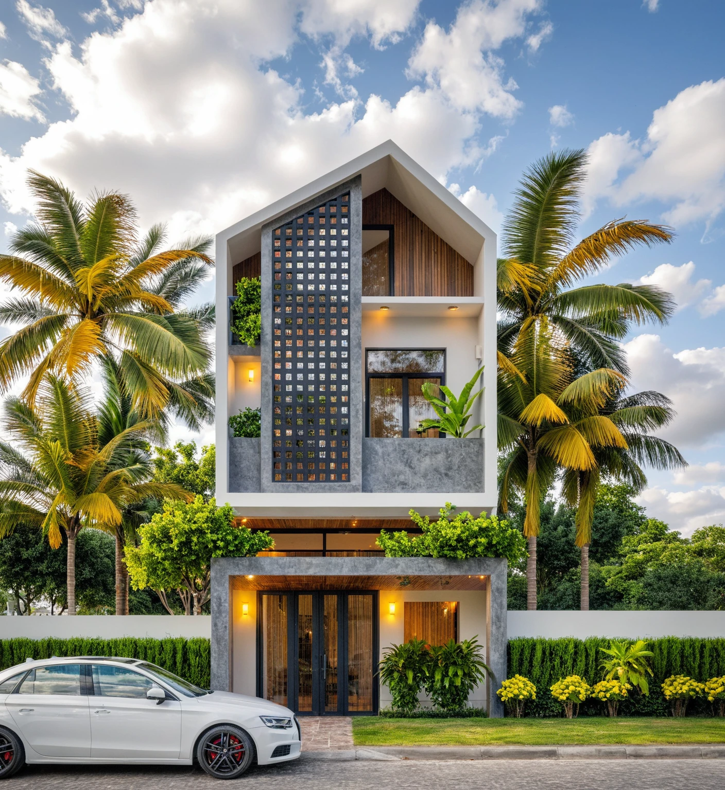 Raw photo, Masterpiece, high quality, best quality, realistic, super detailed, outdoor,onefloorvillaXL, aiaigroup, modern style 2-story house on the street,stairs,white wall, street, sidewalk , grass, trees, sky, clouds, (daylight:1.1)