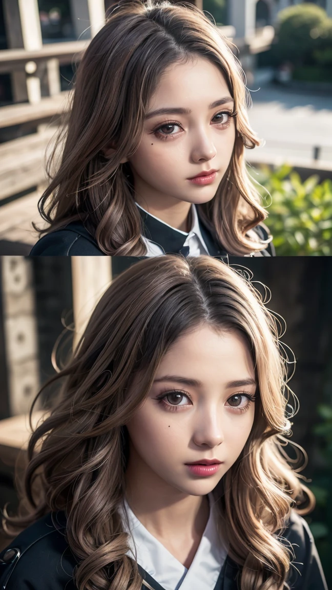 realista, Obra maestra, of the highest quality, highest resolution, Japanese , 16 years old, foto de la parte superior del cuerpo, parece somnoliento, Espaciado, abre la boca, Hermoso y detallado dibujo de ojos., (droopy eyes:1.3), ojos oscuros, cejas finas, Draw the eyelashes carefully., Eyelash extensions, maquillaje de chica, mejillas naranjas, (wavy hair white brown, pelo largo, Parte media:1.3), (Hidden wrinkles on the eyelids:1.3), (Gothic uniform, chaqueta de sport, Adds some armor feel:1.2), (The subject was photographed from above at an angle.:1.3), (campo de flores:1.3), (primer plano de la cara, Ponte de pie e impresiona a la multitud:1.5)