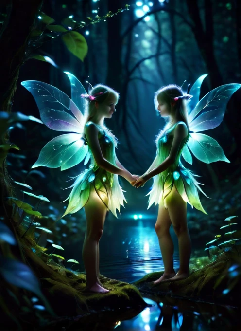 ((2 faeries girls, gorgeous)), in bioluminescent forest plants,fabulous night forest,magical radiance,Concept art,depth of field,Raw photo,realistic,cinematic lighting,soft shadows,sharp focus,fractal,colorful,depth of field,best quality,16k resolution,vivid colors,volumetric lighting, dreamcore, little lake with luminescent effects, little faeries girl