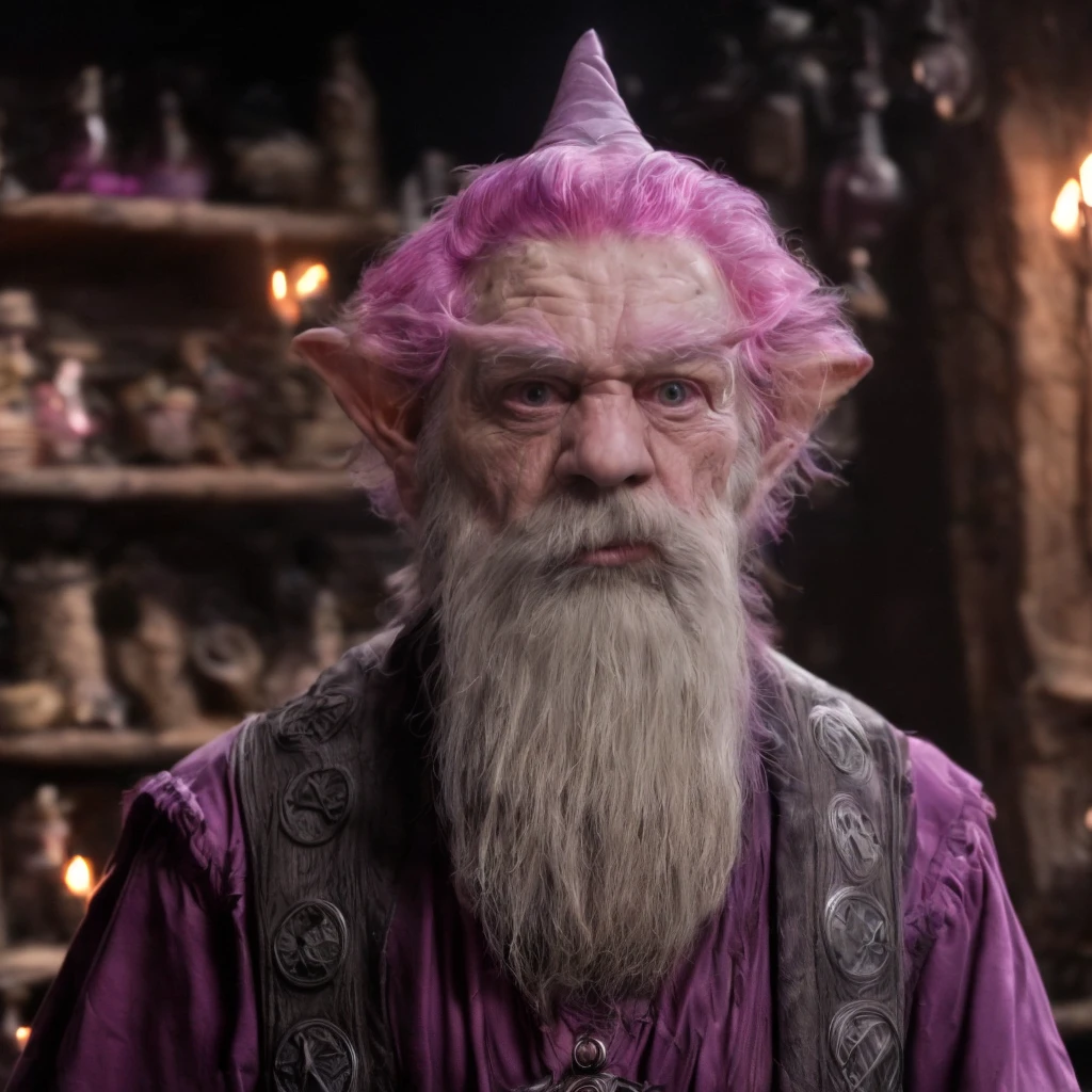 (masterpiece)+, (extremely (realistic)+,a portrait of a extremely ugly male gnome arch-mage, pink hair, pink bushy brush-like brows, pink wizard cap. child-like facial fatures, troll ??? toy facial proportions, skin imperfections. massive silver beard, proud self-assured stare. Looking at camera. volumetrics dtx, Photorealistic, ultra detailed, Artstation trending, very very detailed, realistic shaded lighting, dynamic shadows, detailed Arcane laboratory background, upper body, professional photograph of a detailed skin, sharp focus, dramatic, award winning, cinematic lighting, octane render, unreal engine, volumetrics dtx, Photorealistic, ultra detailed, Artstation trending, very very detailed, hyperrealistic, fine details, realistic shaded lighting, dynamic shadows, Arcane laboratory background, add_detail:1, skin pores and wrinkles, details.,