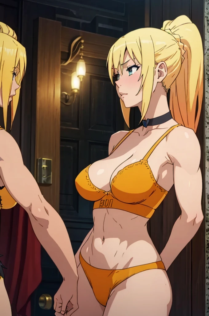 Lalatina Dustiness Ford, hot horny and sexy blonde muscle girl, athletic female body, yellow-orange bra and panties, stockings, choker