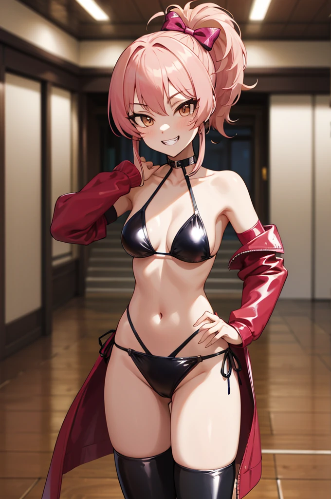masterpiece, best quality, highres, aamika, ponytail, hair bow,succubus costume,grin,evil smile, standing, cowboy shot, latex bikini,indoor,,looking viewer,thighhighs