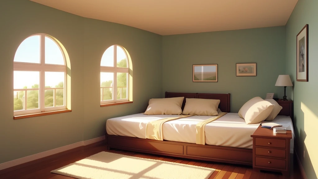 a room with beige walls. A small, boring, neatly organized bedroom with beige walls. A boring beige walls with neatly made bed with perfectly smoothed covers and a meticulously fluffed pillow. The scene should be serene with beige walls but monotonous, with a hint of the outside world through a window.