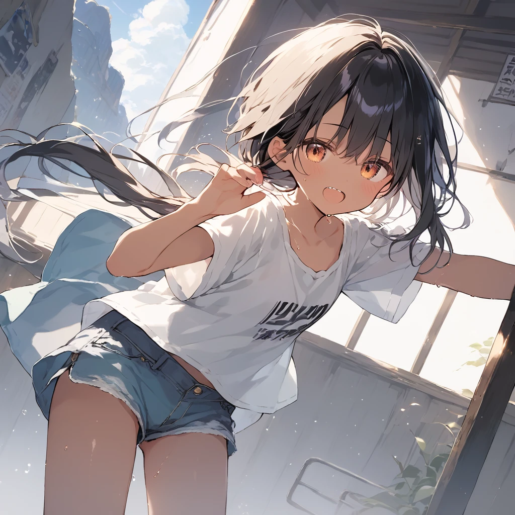 score_9, score_8_up, score_7_up, source_anime, best quality, masterpiece, official art, absurdres, highres, ultra-detailed,waifu2x,Collection: Slice of Life,break,1girl, tomboy, dark-skinned female, short hair, low ponytail, flat chest,  beautiful detailed eyes, short shorts, sweat, open mouth, (yawn:0.3), sleepily, outdoors, wind, break,(clear line illustration:1.2),very high resolution, very aesthetic, super detailed skin, Best sexual lighting powered by famous artist, 8k,cute picture,beauty illustration,photoshop_(medium),,(Detailed Lighting),best anime 8k konachan wallpaper, pixiv contest winner, 