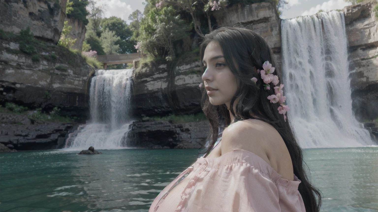 My big gorgeous 2 wife's POV from behind the shoulder, she is using only pink dupatta to cover the body,clean skin,long black hair flowen hairstyle,pink lips(waterfall scenary) flower on head