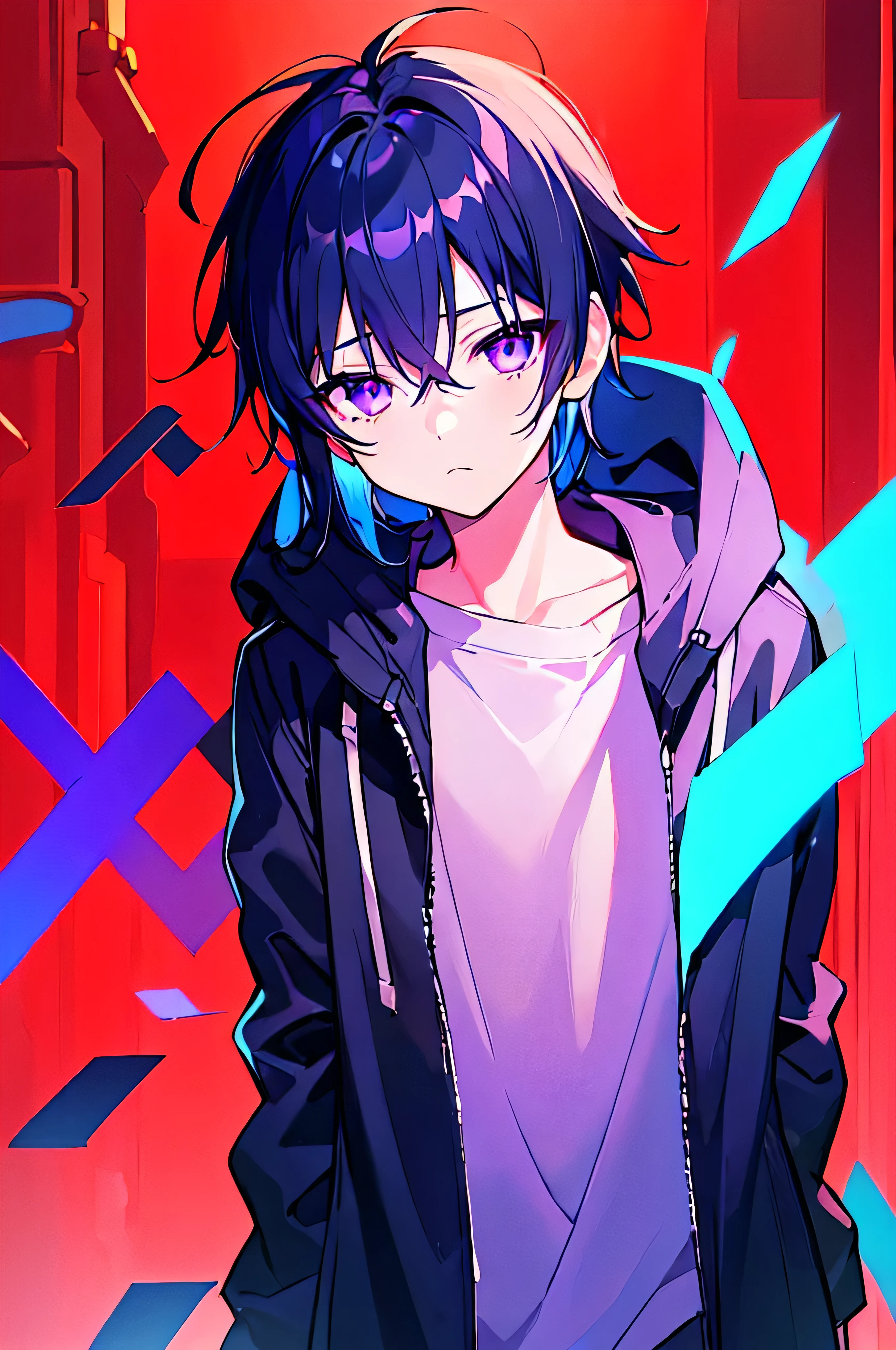 [(Black BACKGROUND:1.5),::5], ((((masterpiece)))), high quality, ultra very high resolution, full color, (((solo))), ((little boy)), BLACK hair, (Blue streaked hair), (oriental deepblue eyes), anime, ((upper body)), Summer clothes, neon light, black parka, (BLOODY EFFECT:1.5)
