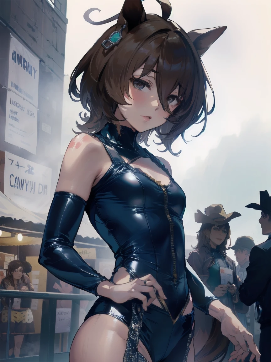 Black leotard, Fishnet tights, Elbow hand pockets, Arm guard, armored skirt, Thigh-high boots, ((Anatomically correct hand:1.5)), ((anime)), Ultra-precision, masterpiece, really beautiful, プリンセスのface, ((alone:1.5)), break, ((black eye)), Shortcuts, ((Messy hair)), break, All limbs,((Full Finger:1.5)), break, (Skin Dentition), ((Skin dents)), Professional Lighting, (), Tight waist, Shiny skin (Brown Skin), ((Oily skin)), Glowing Skin, Looking at the audience, ((Cowboy Shot:1.5)), Looking at the camera, 笑face, Open your mouth a little, ((cute:1.5)), Very narrow eyes, Extra-fine face, ((Thin lips:1.5)),, わずかな笑face, ((Model pose:1.5)), face, Looking at the camera, ((Anatomically correct fingers:1.5)), ((Thighs)), sexy, Perfect hands, (((Arms back:1.5))),((Metallic costumes:1.5)),,agnes tachyon ,(umamusume)