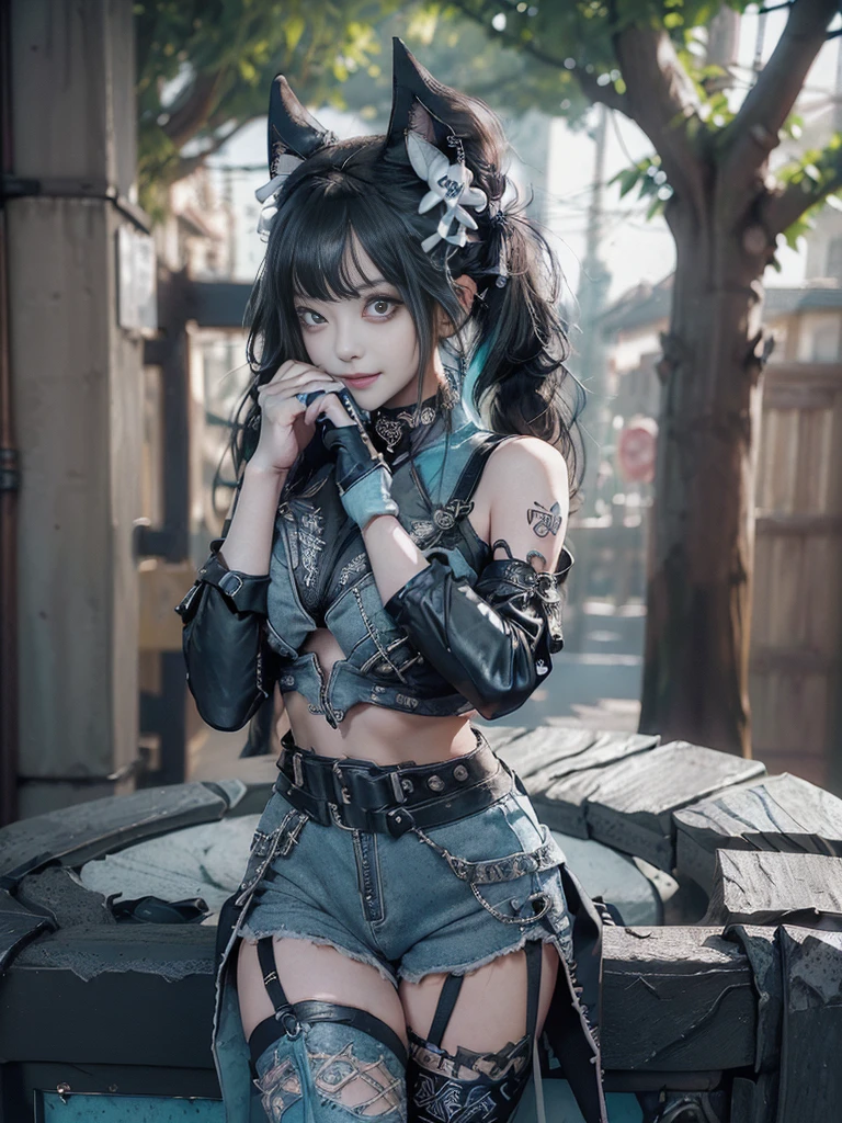 (Full body:1.5)、(Full Body View:1.5)、(Side view:1.3)、(Smiling with teeth showing:1.3),(Shibuya Gal:1.5)、(Maid café clerk:1.5)、(Punk RockVisual Kei:1.4)、(Turquoise, navy and denim medieval noble zip up:1.5)、(Navy and white arm covers and bugle pants:1.5)、(Blue high heels:1.3)、(Wearing silver accessories:1.5)、(Dark brown collar:1.4)、(Leather garter belt:1.4)、(Brown Skin Belt:1.3)、(Black lace underwear:1.5)、20-year-old、NSFW、((Highest quality、In 8K、masterpiece:1.3))、Sharp focus:1.2、(Layered Cut、Huge boobs:1.1),Beautiful woman with perfect figure:1.4、(Doing an aerobics pose:1.3)、Slender Abs:1.2、Highly detailed face and skin texture、Detailed eyes、double eyelid,(Twin tails:1.3)、(Black Hair:1.3)、Gravure idol、(A fairytale-like cafe with a lush tree background:1.3)、(Slim body:1.3),(Make your legs thinner:1.4),(Thin, thin thighs:1.3)、(clavicle:1.1)