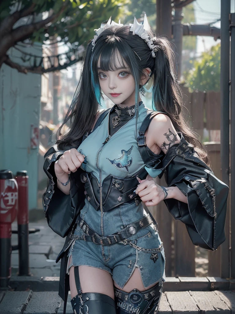 (Full body:1.5)、(Full Body View:1.5)、(Side view:1.3)、(Smiling with teeth showing:1.3),(Shibuya Gal:1.5)、(Maid café clerk:1.5)、(Punk RockVisual Kei:1.4)、(Turquoise, navy and denim medieval noble zip up:1.5)、(Navy and white arm covers and bugle pants:1.5)、(Blue high heels:1.3)、(Wearing silver accessories:1.5)、(Dark brown collar:1.4)、(Leather garter belt:1.4)、(Brown Skin Belt:1.3)、(Black lace underwear:1.5)、20-year-old、NSFW、((Highest quality、In 8K、masterpiece:1.3))、Sharp focus:1.2、(Layered Cut、Huge boobs:1.1),Beautiful woman with perfect figure:1.4、(Doing an aerobics pose:1.3)、Slender Abs:1.2、Highly detailed face and skin texture、Detailed eyes、double eyelid,(Twin tails:1.3)、(Black Hair:1.3)、Gravure idol、(A fairytale-like cafe with a lush tree background:1.3)、(Slim body:1.3),(Make your legs thinner:1.4),(Thin, thin thighs:1.3)、(clavicle:1.1)