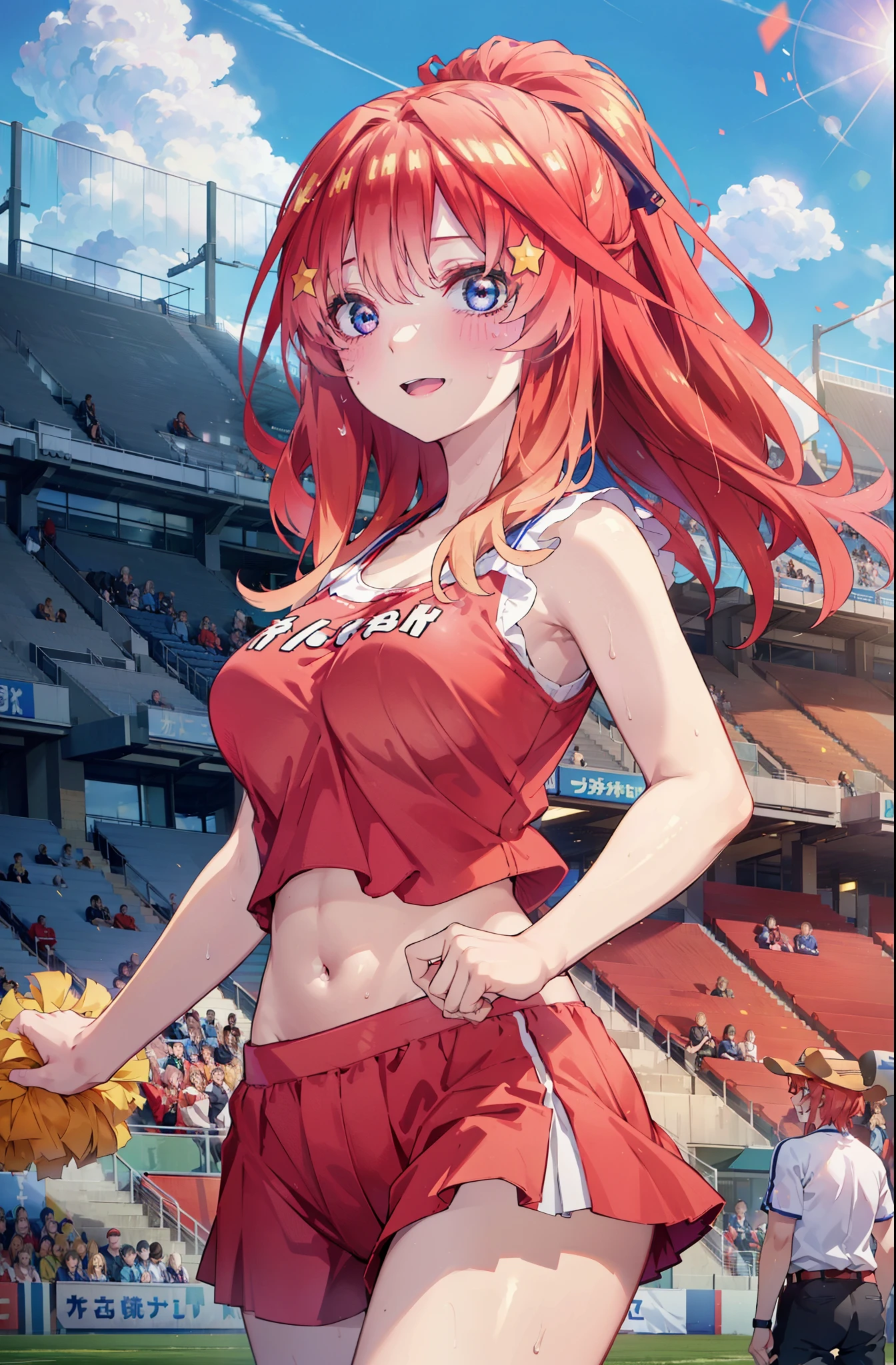 itsukinakano, Itsuki Nakano, bangs, blue eyes, hair between eyes, Ahoge, Redhead, star \(symbol\), happy smile, smile, Open your mouth,hair ornaments, star hair ornaments,(cheer leading), (whole body), Big Breasts, Lower, (Sweaty), Sweaty Wet Clothes (Red clothes),  No sleeve,Belly button support, playground, (Jump), (Jump), 足を曲げてJumpする, air, blue sky, Grass原, smileのチアリーダー, Pom-pom \(cheer leading\), Grass, 
break outdoors, Stadium,
break looking at viewer, (Cowboy Shot:1.5),
break (masterpiece:1.2), Highest quality, High resolution, unity 8k wallpaper, (shape:0.8), (Fine and beautiful eyes:1.6), Highly detailed face, Perfect lighting, Highly detailed CG, (Perfect hands, Perfect Anatomy),