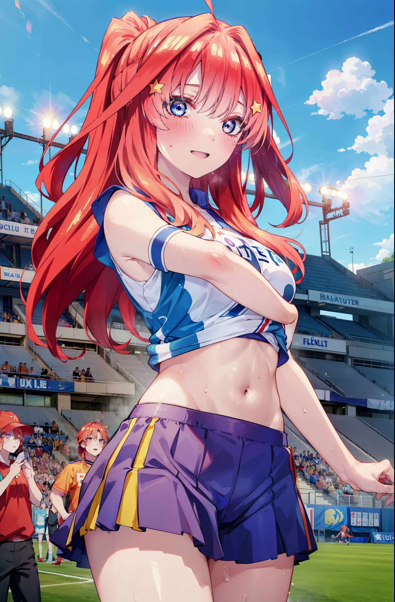 itsukinakano, Itsuki Nakano, bangs, blue eyes, hair between eyes, Ahoge, Redhead, star \(symbol\), happy smile, smile, Open your mouth,hair ornaments, star hair ornaments,(cheer leading), (whole body), Big Breasts, Lower, (Sweaty), Sweaty Wet Clothes (Red clothes), No sleeve,Belly button support, playground, (Jump), (Jump), 足を曲げてJumpする, air, blue sky, Grass原, smileのチアリーダー, Pom-pom \(cheer leading\), Grass,
break outdoors, Stadium,
break looking at viewer, (Cowboy Shot:1.5),
break (masterpiece:1.2), Highest quality, High resolution, unity 8k wallpaper, (shape:0.8), (Fine and beautiful eyes:1.6), Highly detailed face, Perfect lighting, Highly detailed CG, (Perfect hands, Perfect Anatomy),