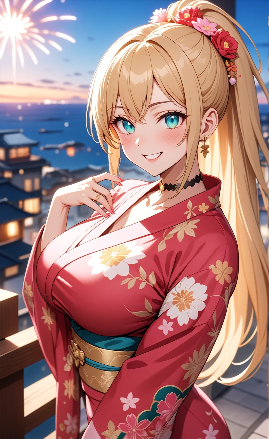 ((One personの女性)), Beautiful Face, Laughing embarrassedly,((Wink:2.0)),Laugh with your mouth wide open,((Red cheeks:1.4)),Glossy pink lips,night,rooftop,Festive decorations,You can see the ocean, firework,((Anime style background)),masterpiece, Highest quality, so beautiful, Latest, Complex details, (Pink long nails),(ring),(flower bracelet),Floral choker,AI-generated, Complex,High resolution, Highest quality, super high quality,3D Images、View your viewers、3D Images,One person,Long blonde hair,High Ponytail,Turquoise Eyes,Anime woman posing for a photo, (Fine grain,Colorful eyes,Shining Eyes:1.3),(Squint your eyes:1.1),a hyperRealistic , hyperRealistic , Realistic,Blonde anime woman with long hair, Smooth anime CG art, A woman in a colorful kimono with gold embroidery, (Pink long sleeve kimono),Red floral pattern,Long flower hair ornament,Large floral earrings,(ring),(Big Breasts:1.1),Mature Body,Tall,Big Ass,Narrow waist,Abdominal muscles,(Zoom in on face:1.4),Shooting from an angle