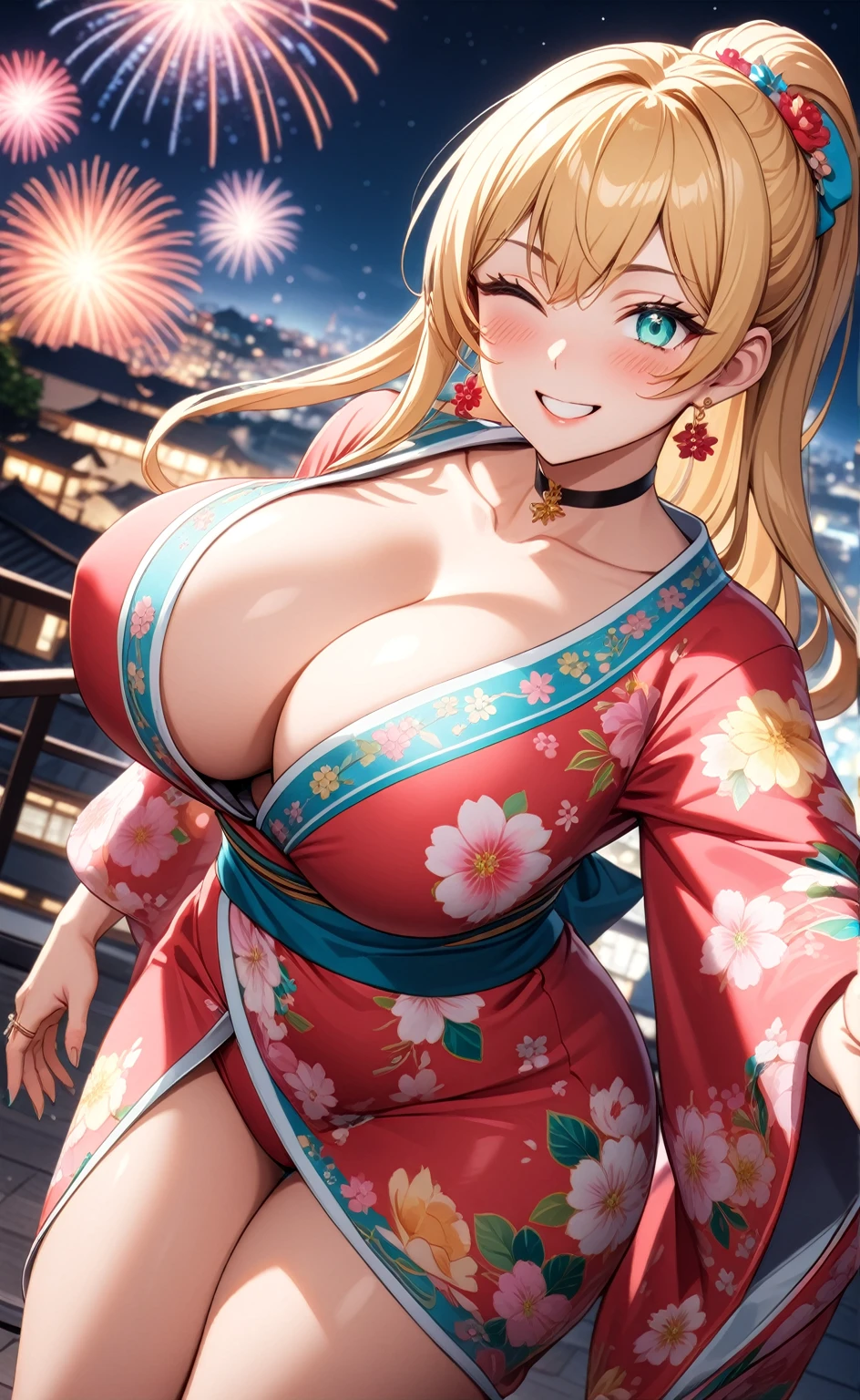 ((One personの女性)), Beautiful Face, Laughing embarrassedly,((Wink:2.0)),Laugh with your mouth wide open,((Red cheeks:1.4)),Glossy pink lips,night,rooftop,Festive decorations,You can see the ocean, firework,((Anime style background)),masterpiece, Highest quality, so beautiful, Latest, Complex details, (Pink long nails),(ring),(flower bracelet),Floral choker,AI-generated, Complex,High resolution, Highest quality, super high quality,3D Images、View your viewers、3D Images,One person,Long blonde hair,High Ponytail,Turquoise Eyes,Anime woman posing for a photo, (Fine grain,Colorful eyes,Shining Eyes:1.3),(Squint your eyes:1.1),a hyperRealistic , hyperRealistic , Realistic,Blonde anime woman with long hair, Smooth anime CG art, A woman in a colorful kimono with gold embroidery, (Pink long sleeve kimono),Red floral pattern,Long flower hair ornament,Large floral earrings,(ring),(Big Breasts:1.1),Mature Body,Tall,Big Ass,Narrow waist,Abdominal muscles,(Zoom in on face:1.4),Shooting from an angle