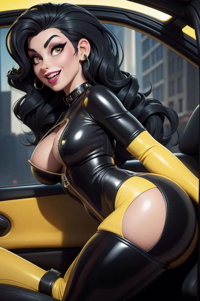 obra prima, melhor qualidade, (amy winehouse vamp 70yo face wrinkles) head back, sassy wicked girl, big toothy smile, open mouth, (shiny fat black lipstick,) thick smoky black eye shadow, long fake eyelashes, raven black mullet hair, ((totally yellow leather body suit,)) with studs zippers snaps, shiny leather gloves, body is skinny, reclining in car seat, dazzle pose, pinup pose, arched back, hips twisted, camera view of the back of her body, looking down at me, shallow depth of field, highres, HD, 8k, anatomically correct