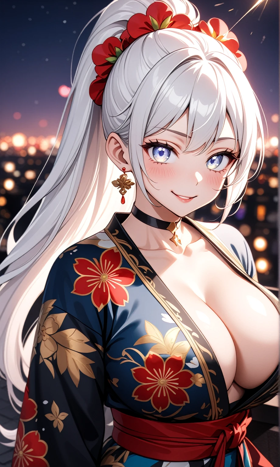 ((One personの女性)), Beautiful Face,Laughing shyly,((Wink:2.0)),Laugh with your mouth wide open((Bright red cheeks:1.4)),Glossy pink lips,night,rooftop,Festive decorations,You can see the ocean, firework,Laughing with your mouth open,Glossy pink lips,Lighting on the face,((Anime style background)),masterpiece, Highest quality, so beautiful,Latest, Complex details, (Pink long nails),(ring),(bracelet),(choker),AI-generated, Complex,High resolution, Highest quality, super high quality,3D Images、View your viewers、3D Images,One person,Long white hair,High Ponytail,(blue eyes),Anime woman posing for a photo, ((Fine grain、Silvery white colorful eyes、Shining Eyes:1.4)),(Squint your eyes:1.1),a hyperRealistic , hyperRealistic , Realistic,Anime woman with long and white hair, Smooth anime CG art, A woman in a colorful kimono with gold embroidery, (Black long sleeve kimono),Red floral pattern,Long flower hair ornament,Big earrings,Mature Body,(Big Breasts:1.1),Tall,Abdominal muscles,Narrow waist,(Zoom in on face:1.4),Shooting from below at an angle