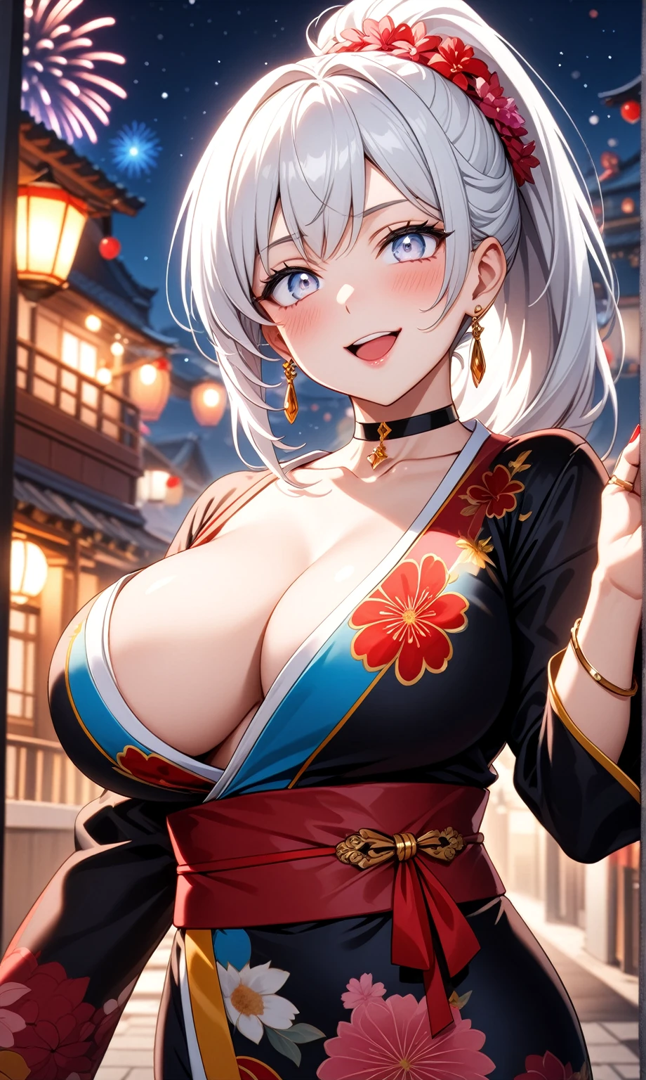 ((One personの女性)), Beautiful Face,Laughing shyly,((Wink:2.0)),Laugh with your mouth wide open((Bright red cheeks:1.4)),Glossy pink lips,night,rooftop,Festive decorations,You can see the ocean, firework,Laughing with your mouth open,Glossy pink lips,Lighting on the face,((Anime style background)),masterpiece, Highest quality, so beautiful,Latest, Complex details, (Pink long nails),(ring),(bracelet),(choker),AI-generated, Complex,High resolution, Highest quality, super high quality,3D Images、View your viewers、3D Images,One person,Long white hair,High Ponytail,(blue eyes),Anime woman posing for a photo, ((Fine grain、Silvery white colorful eyes、Shining Eyes:1.4)),(Squint your eyes:1.1),a hyperRealistic , hyperRealistic , Realistic,Anime woman with long and white hair, Smooth anime CG art, A woman in a colorful kimono with gold embroidery, (Black long sleeve kimono),Red floral pattern,Long flower hair ornament,Big earrings,Mature Body,(Big Breasts:1.1),Tall,Abdominal muscles,Narrow waist,(Zoom in on face:1.4),Shooting from below at an angle
