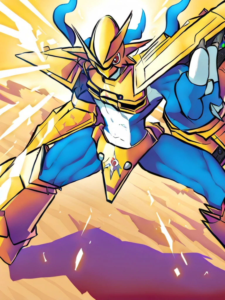 solo,Magnamon,tall, blue and white skin,(battle damaged:1.5),(topless Magnamon:2),(armor fragments:1.5),(shirtless:1.5), fighting_stance, in desert ,full_shot