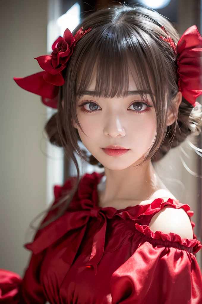 Close up of crimson smile with mouth open、A ribbon is worn on his head、(hentail realism、A high resolution)、(1 girl in)、eye、Korean girl、(Best quality), (masutepiece), (1girl in), Solo, a beauty girl, Perfect face, Big Breast,DreamlikeArt、Highly detailed airbrush art((Surreal))、voluminetric lighting、(top-quality)、The ultra-detailliert、(The composition of the movement:1.4)、Highly detailed and colorful details、(Bright lighting)、dynamic compositions、Ray traching、The mirror reflects light、Shallow depth of field、ultra - detailed、Mixed exposure、NFFSW、Her eyes glowed crimson、Gaze at the crimson sea。Her crimson face was、Full of anticipation and courage to take risks.、A smile appeared on her crimson lips。 In the rear、The sun slowly tilts to the west。Its glow brings a deep red glow to the surface of the sea、The swaying waves create a beautiful sight。Her eyes shone crimson。Lots of crimson ribbons、