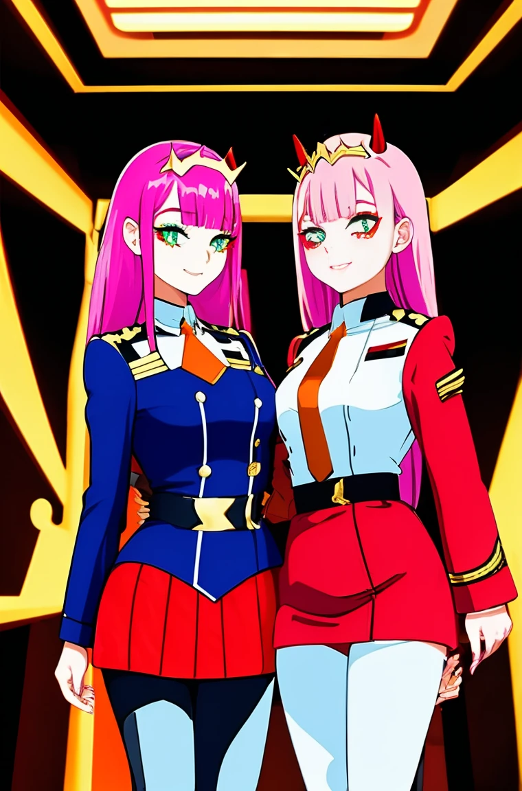 Zero-Two, Long straight and shiny pink hair, small white tiara with two small red horns, straight bangs cover the forehead, green eyes, mascara makeup, eyeshadow makeup, red military uniform with gold metal details on the shoulders, small story black with gold metal detail on the double buckle, white collar with small orange tie, six black buttons, three on each side on the front of the uniform, long red sleeves with black detail, , ((red skirt)), red skirt on top in black tight pants, inside a futuristic room with white neon lighting, teenagers in the background.