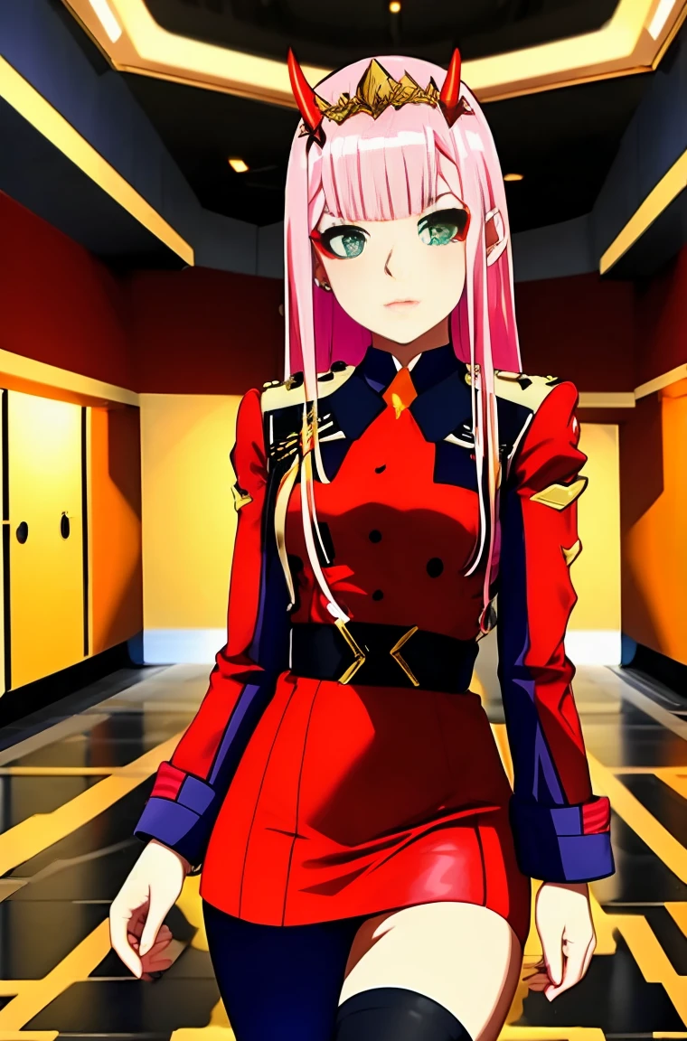 Zero-Two, Long straight and shiny pink hair, small white tiara with two small red horns, straight bangs cover the forehead, green eyes, mascara makeup, eyeshadow makeup, red military uniform with gold metal details on the shoulders, small story black with gold metal detail on the double buckle, white collar with small orange tie, six black buttons, three on each side on the front of the uniform, long red sleeves with black detail, , ((red skirt)), red skirt on top in black tight pants, inside a futuristic room with white neon lighting, teenagers in the background.