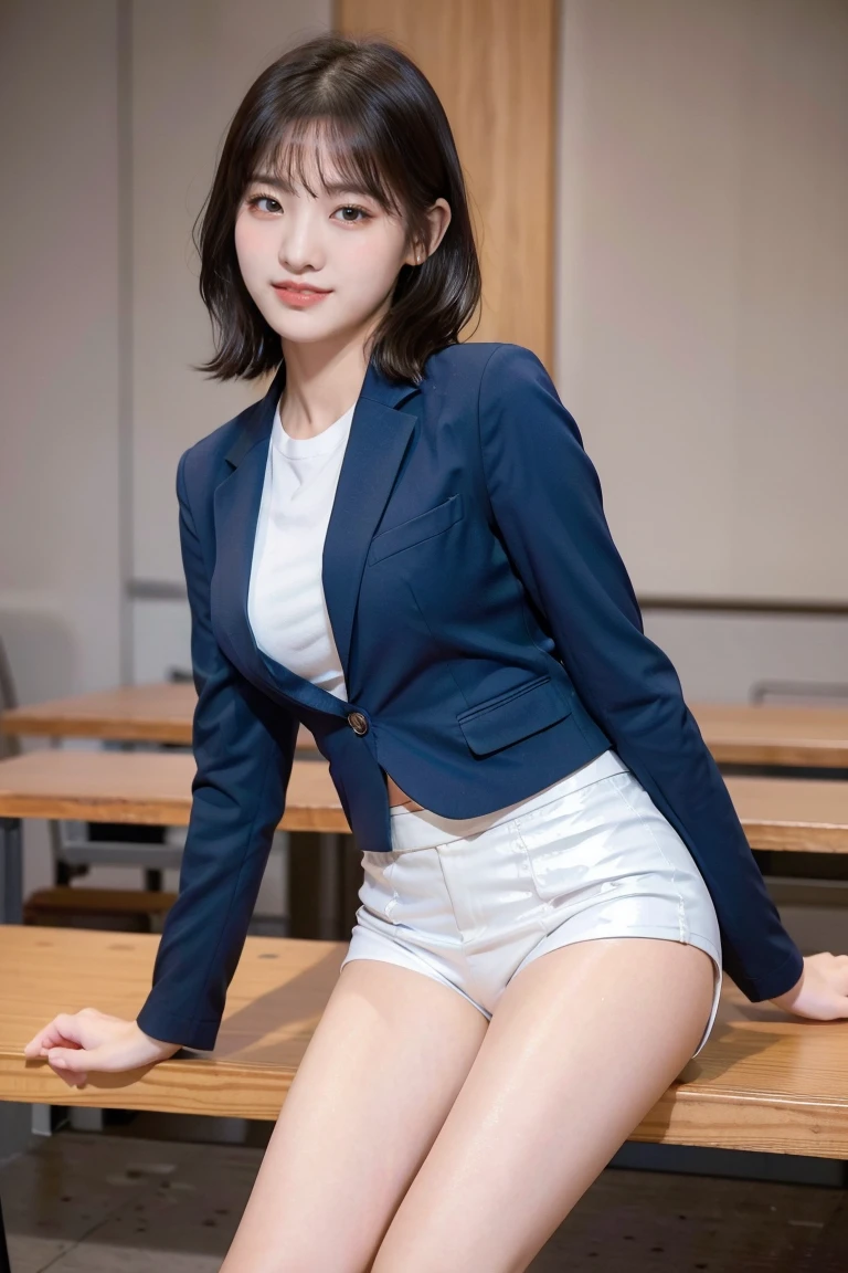 (8k), (highest quality: 1.2), (Realistic), (Realistic: 1.37), Ultra-high resolution, 1 girl, cute, (Embarrassed smile:1.2), (Blushing:1.4),Mouth closed, Beautiful details, Beautiful Nose, black straight Hair, Giant Dulcefo, pork, Thighs,Navel exposed,University Student Uniform,A simple blazer,(white tiny hot pants:1.2),Platform boots,Medium Shot, Sit on the bench,(Shiny legs:1.4),from the front,knees