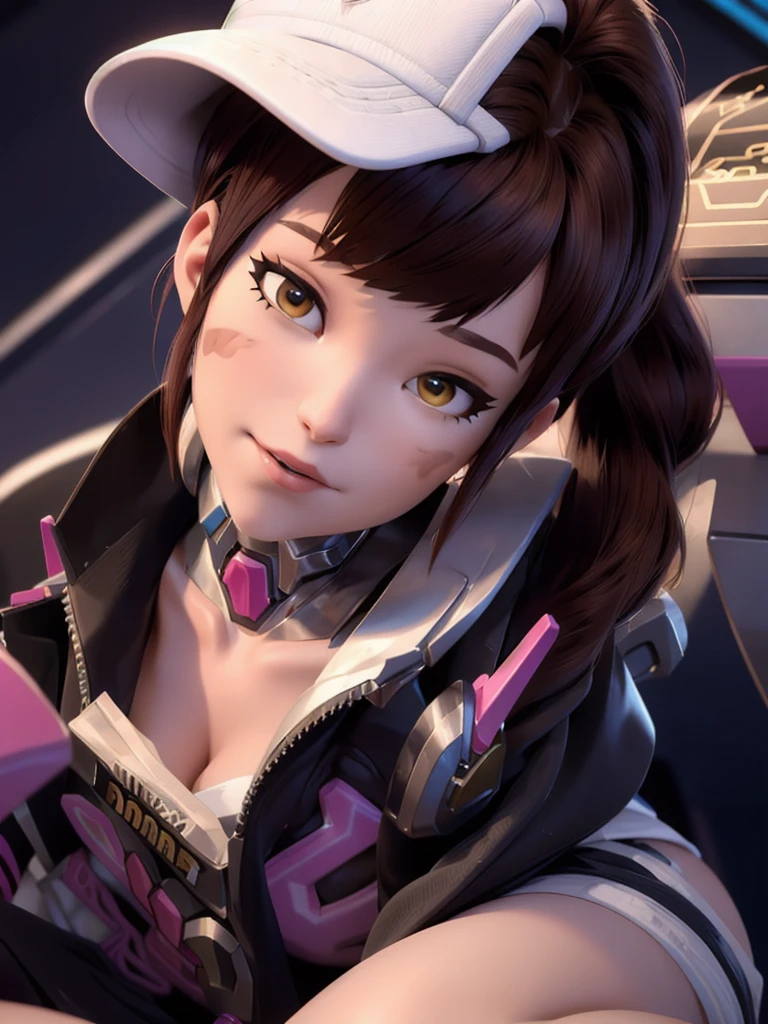 ((DVA from Overwatch)) without her mech, a woman with short brown hair in a (ponytail),she sits on her bed with her legs spread, high quality refelctions, volumetric lighting, she is wearing a ( ice white cropped loose fit t-shirt), the cropped shirt is hanging at the bottom as it is loose,  very short sleeves, in her bedroom on her bed, 1 girl solo, cinematic lighting, high resolution, physically-based rendering, 8k, volumetric lighting, hyperrealistic, detailed facial features, masterpiece, full upper body, gaming setup in background, cinematic, you can see the fabric of the shirt and the knits very detailed,(she has very small  breasts), (nsfw), the focus is on her whole body and the environment, cinematic screenshot, you can see the (whole room) and her sitting on the bed, she wears an ((underwear panty)) as she is going to sleep soon, the picture has a very soft look at soft textures, cute sleepy smile