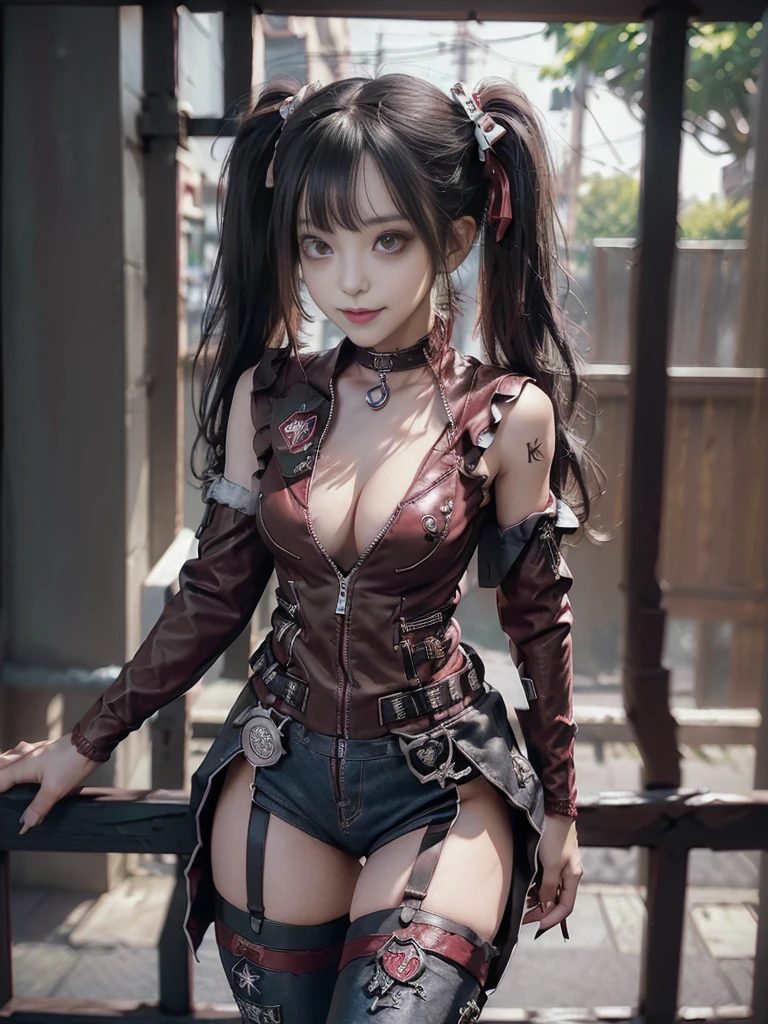 (Full body:1.4)、(Full Body View:1.4)、(Side view:1.1)、(Smiling with teeth showing:1.3),(Shibuya Gal:1.5)、(Maid café clerk:1.5)、(Punk RockVisual Kei:1.4)、(Wine red denim with khaki and brown medieval noble zip up:1.5)、(Wine red arm covers and bugle pants:1.5)、(Wine red high heels:1.3)、(Wearing silver accessories:1.5)、(Dark brown collar:1.4)、(Leather garter belt:1.4)、(Red skin belt:1.3)、(Red lace underwear:1.5)、20-year-old、NSFW、((Highest quality、In 8K、masterpiece:1.3))、Sharp focus:1.2、(Layered Cut、Huge boobs:1.1),Beautiful woman with perfect figure:1.4、(Doing an aerobics pose:1.3)、Slender Abs:1.2、Highly detailed face and skin texture、Detailed eyes、double eyelid,(Twin tails:1.3)、(Black Hair:1.3)、Gravure idol、(A fairytale-like cafe with a lush tree background:1.3)、(Slim body:1.3),(Make your legs thinner:1.4),(Thin, thin thighs:1.3)、(clavicle:1.1)