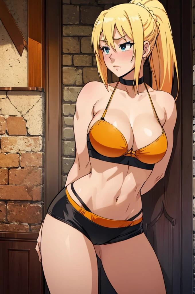 Lalatina Dustiness Ford, hot horny and sexy blonde muscle girl, athletic female body, yellow-orange bra and panties, stockings, choker, only one girl