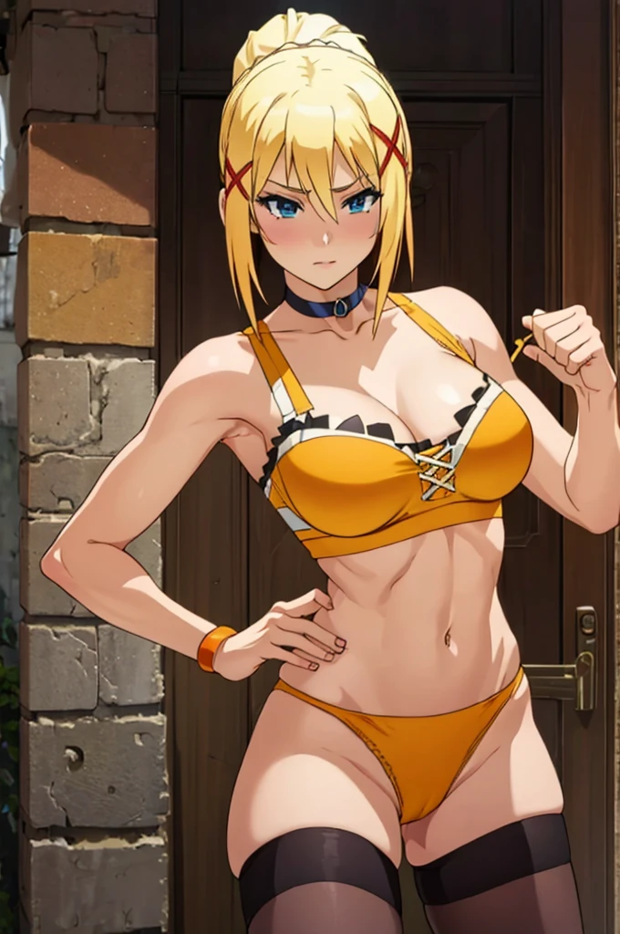 Lalatina Dustiness Ford, hot horny and sexy blonde muscle girl, athletic female body, yellow-orange bra and panties, stockings, choker, only one girl