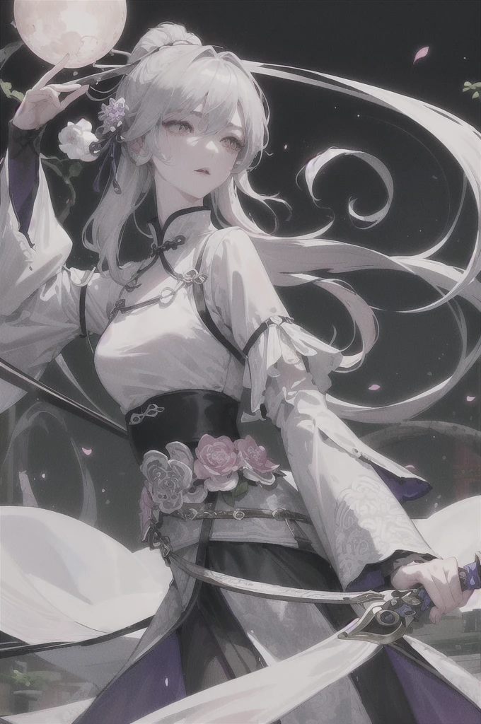 Masterpiece, Best, Night, Full Moon, 1 Female, Mature Woman, Chinese Style, Ancient China, Elder Sister, Royal Sister, Cold Face, Expressionless, Silver White Long Haired Woman, Pale Pink Lips, Calm, Intellectual, Three Belts, Gray Hitomi, assassin, dagger, flower ball background, street view