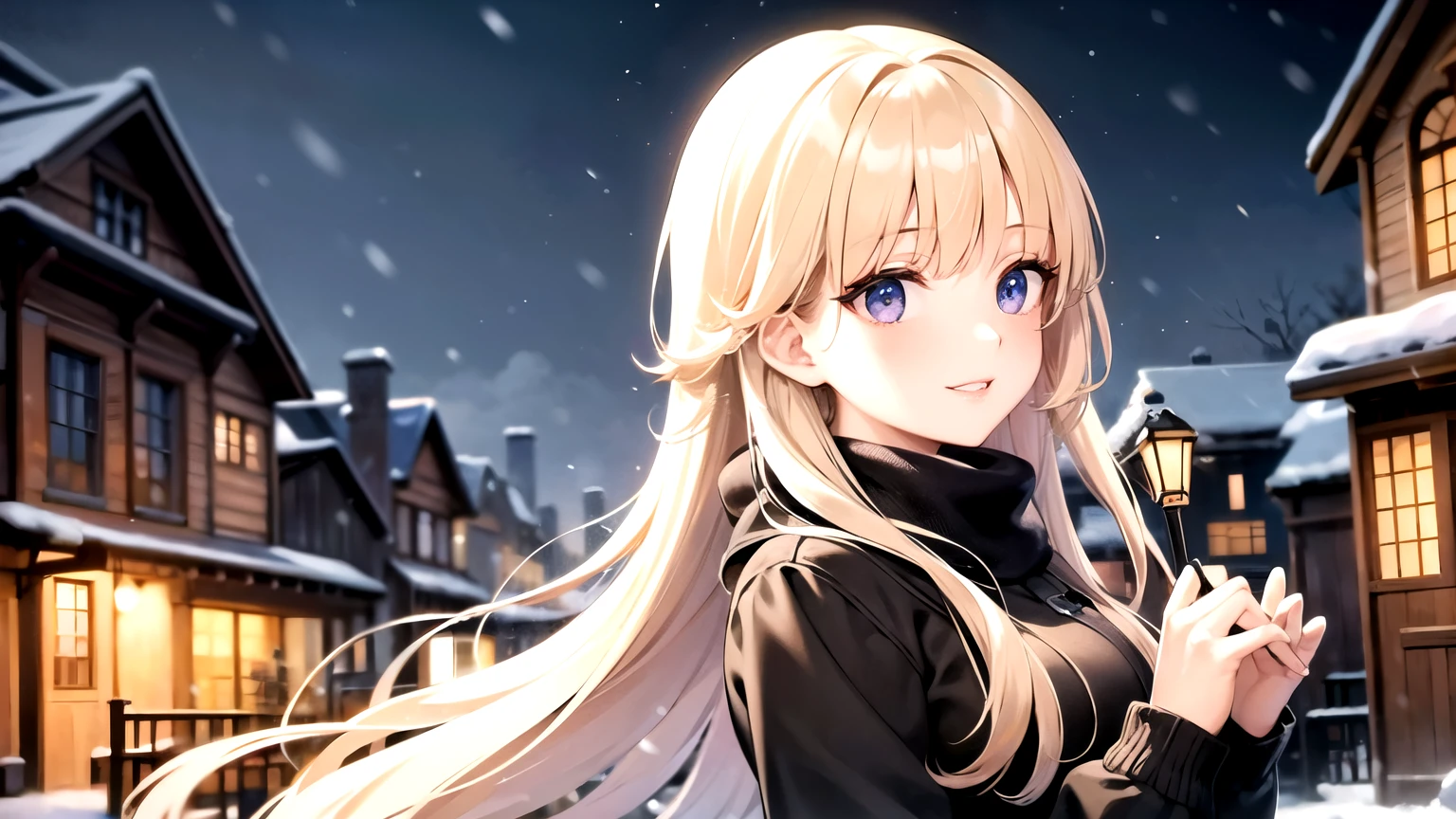 ((best quality)), ((masterpiece)), (detailed), 1 woman, Blonde long hair, winter, snowy city, Snow falls