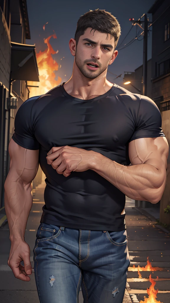 (Create a masterpiece: 1.2),(CGI art:1.3),(realistic:1.5),(After processing:1.3),(Sharp focus:1.3),1 man , straight, front ,Chris Redfield , (round neck T-shirt:1.2) ,Wear color navy round neck T-shirt with a police badge: 1.4), Navy blue jeans, Korean guy , korean men, (High gloss details), chest muscles, large arm muscles, blood vessel, Big muscles, Broad shoulders, looking at the audience, Balancing the eyes, middle of the road ,dark black gloomy hallway in the background, detailed face, shadow, volumetric lighting ,(open mouth:1.6) ,(Fire blazes behind)