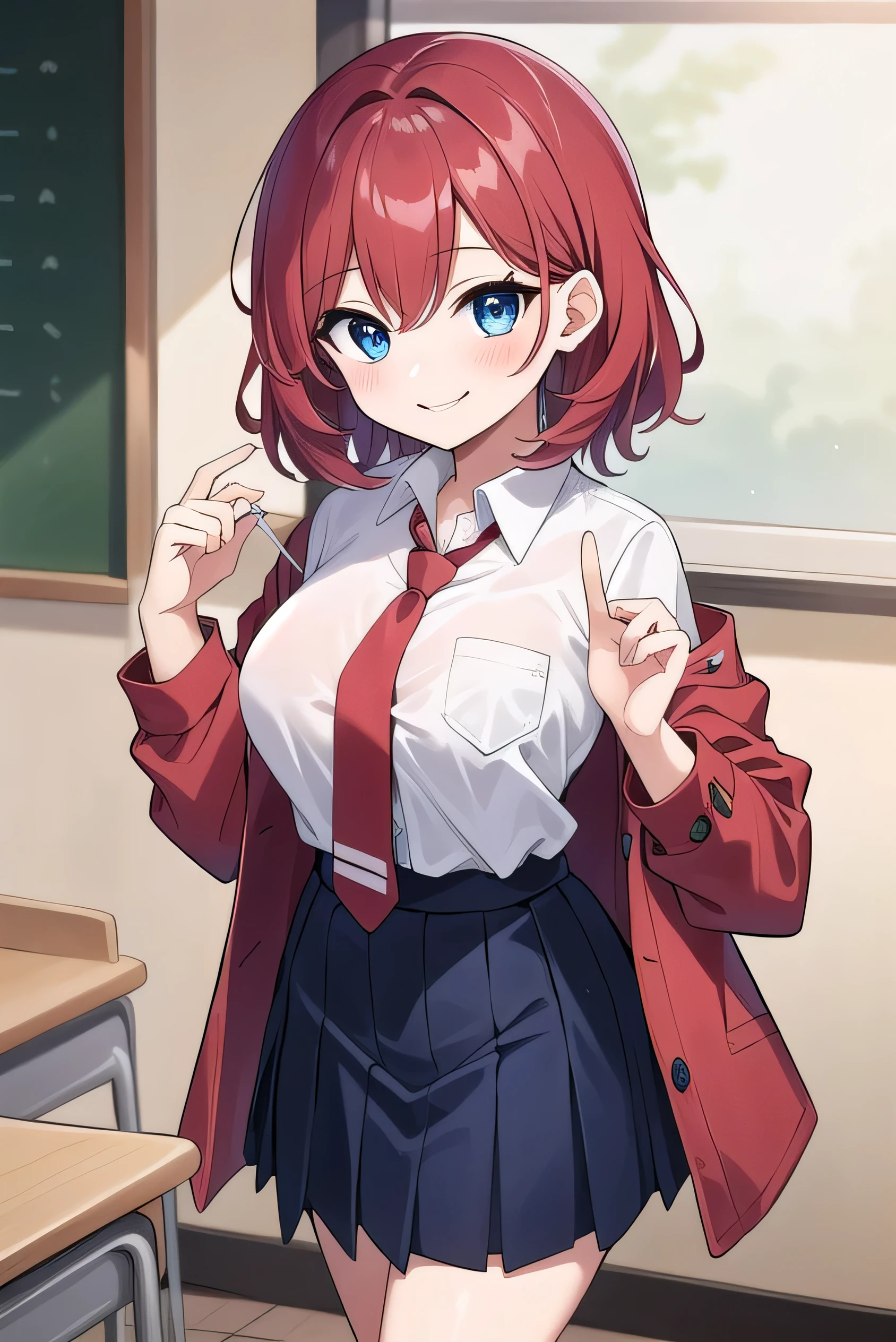 Big breasts, red hair, blue eyes, droopy eyes, red jacket, long sleeves, navy skirt, elementary school student, super big breasts, (medium hair: 1.2), baggy clothes, elementary school student, young face, short height, 10 years old, old, shy A shy guy, smiling a little, trying to open the buttons of his shirt, white shirt, red tie,straight hair