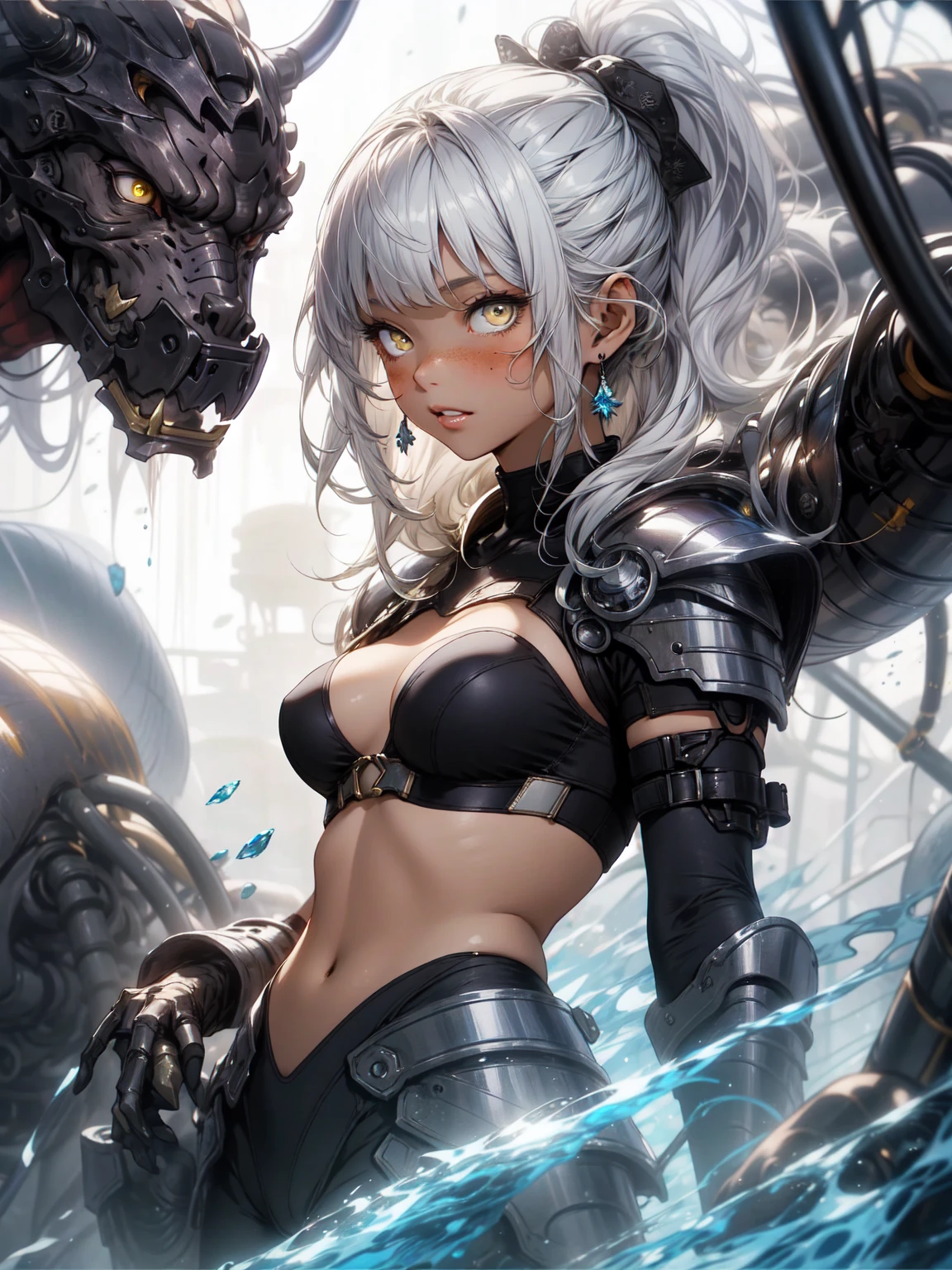 Be realistic,(masterpiece,Highest quality,Highest quality,Very detailed,Fractal Art,Most detailed,(The background is abstract:1.5)(1 Girl),Kamimei,(Long yellow hair ponytail),(Yellow eyes shine、Big Breasts、A strong comeback,Stunned),Abyss Stick、crystallization,Black Bikini、High leotard、Sexy、Mechanical Armor、Sunburned skin、hair ornaments、Berserk、scratch