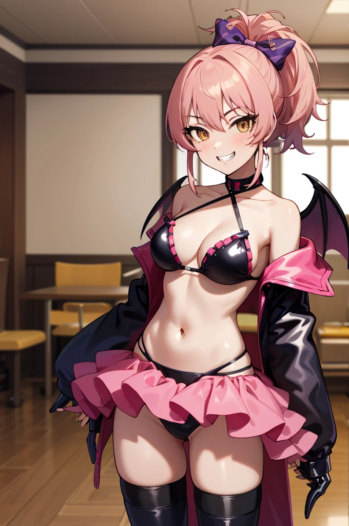 masterpiece, best quality, highres, aamika, ponytail, hair bow,succubus costume,grin,evil smile, standing, cowboy shot, latex bikini,indoor,,looking viewer,thighhighs,off shoulder