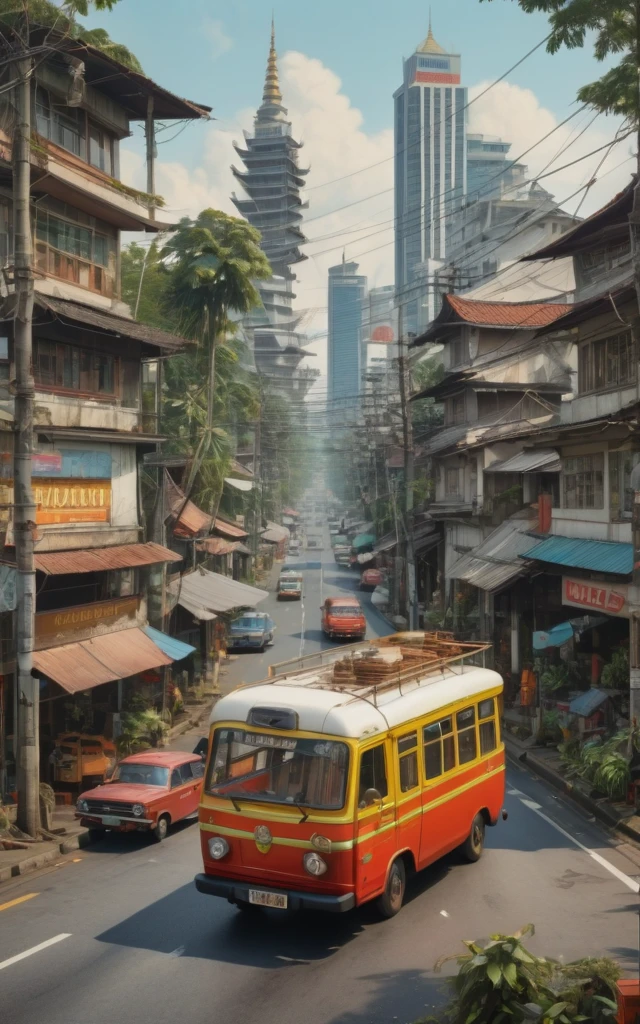 Jakarta retro City, road, by Richard Scarry, (best quality, masterpiece, Representative work, official art, Professional, Ultra intricate detailed, 8k:1.3)