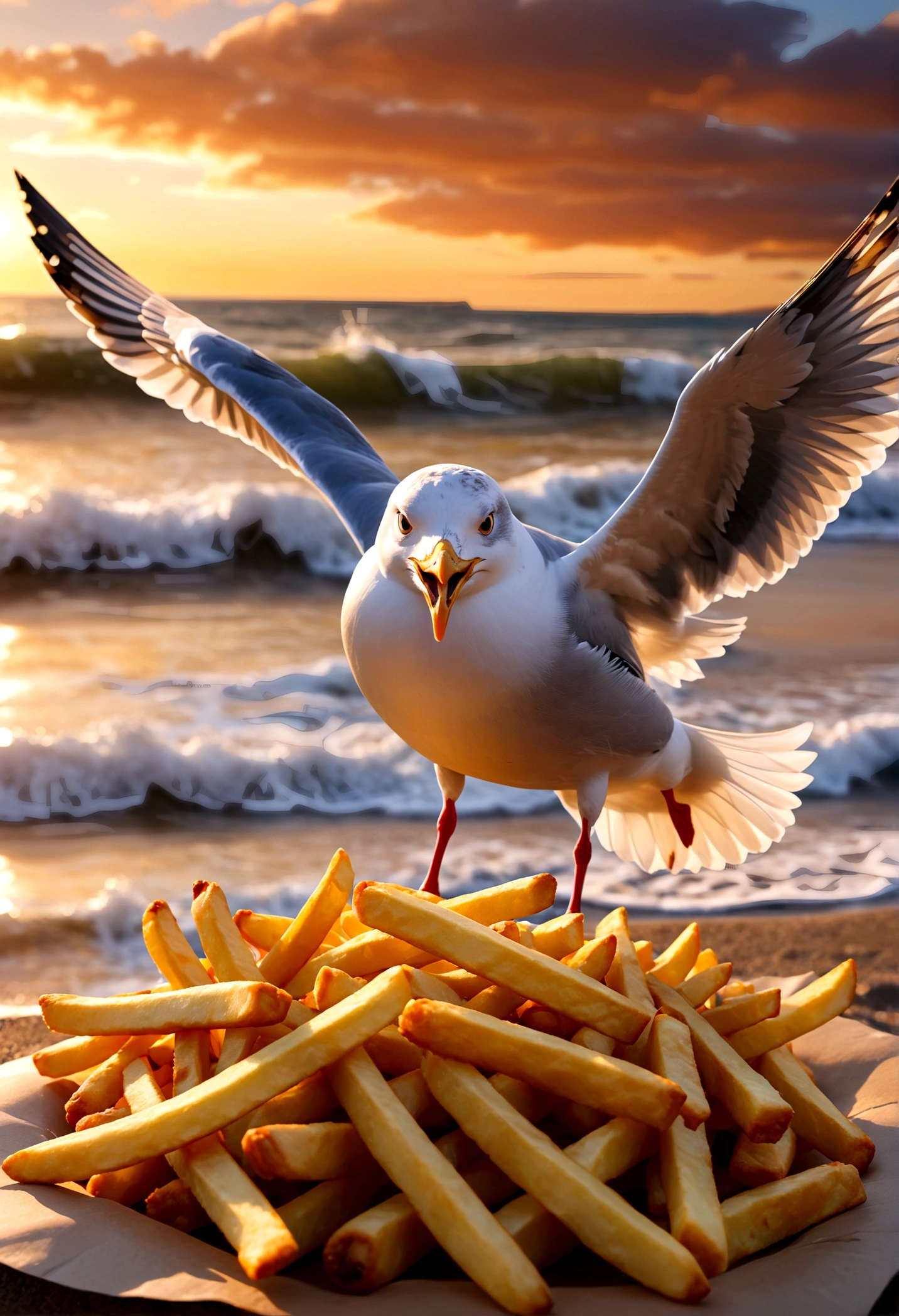 Seagull and Fries, seagull, french fries, beach, sunset, dramatic sky, ocean waves, sandy shore, food on the beach, hungry seagull, seagull reaching for fries, detailed seagull, detailed french fries, 8k, highly detailed, vivid colors, dramatic lighting, cinematic, golden hour, masterpiece, best quality, very aesthetic, absurdres