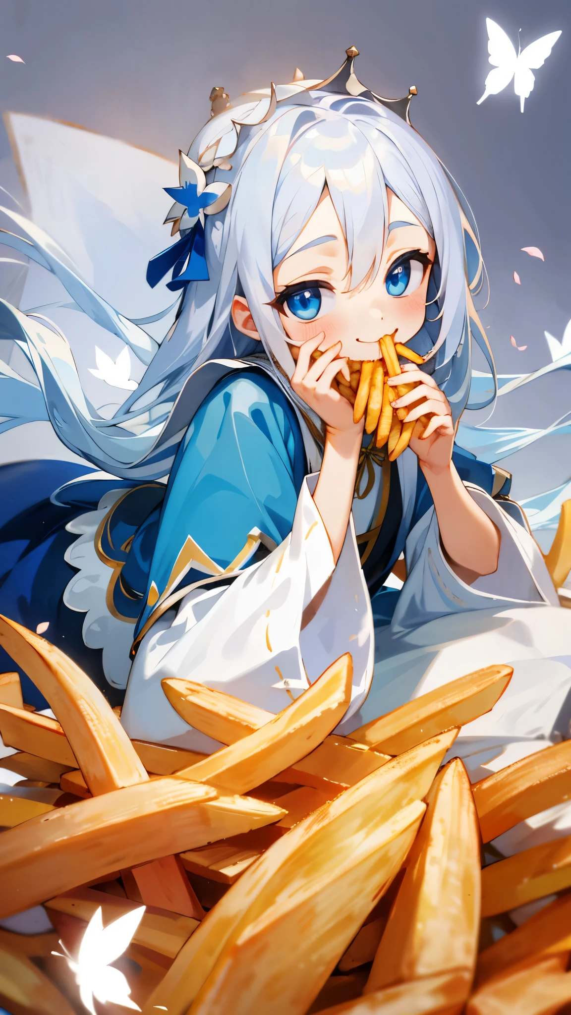 （Highest quality，masterpiece，Surreal），Silver Hair、Long Hair、Beautiful Blue Eyes、smile、Wearing a peasant tunic、Eating French Fries、Beautiful and delicate girl portrait，Playful and cute，Background Petals fluttering，