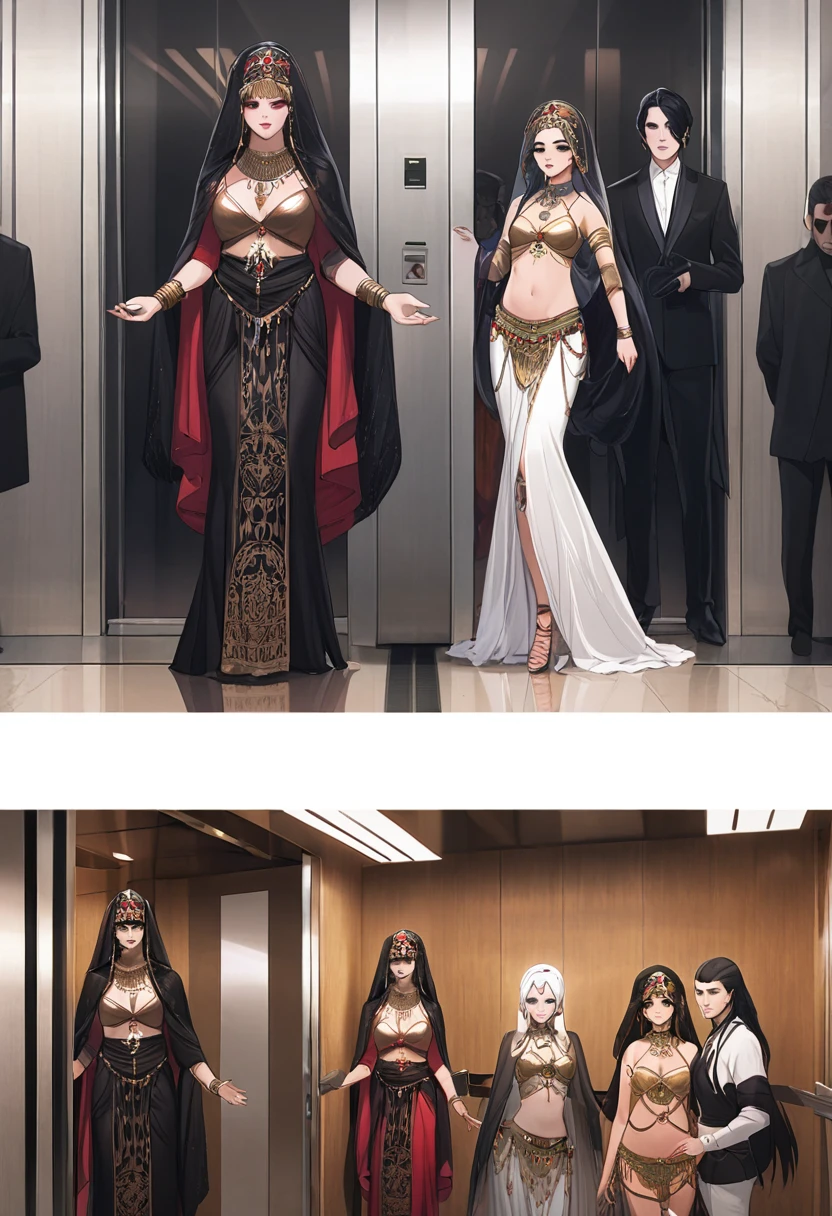 Two people dressed in costumes standing next to each other, Tom Bagshaw and Sabbath Aptera, Music video stills, She is dressed as a belly dancer, People in the elevator々Group of, 70's visuals, Great detail full face, Movie stills, Medieval peasants, Behind the scenes at Fashion Week, Andrej Korktin, Bohemian, Pre-Raphaelites