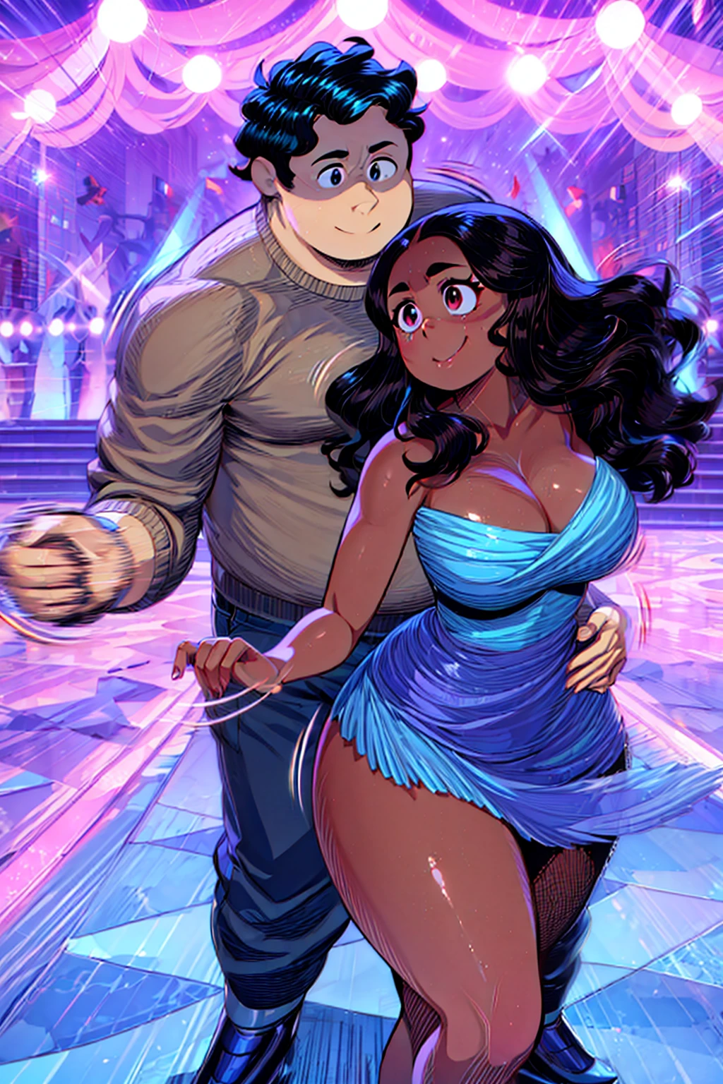 Hdr, masterpiece,4K, ray tracing, best quality, 1boy, 1girl, steven quartz universe, connie maheswaran, face to face,enamored couple, passionate sensuality, nightclub background, erotic dancing, couple focused, couple dancing together, highly-detailed animation, beautiful aesthetic, detailed smooth textures, motion lines, incredible absurdres, sharp gradients, deep highlights, unreal engine, incredibly detailed, dynamic lighting, carnality,
dynamic perspective, dynamism, brilliant shading, sensual shadowing, sensuous atmosphere, intricate fabric details, amazing skin, perfect hands, perfect, perfect eyes, steven quartz universe, age 23, fat man, handsome, wavy black hair, strongman waist, deep brown eyes, round face, urban masculine rave outfit, connie maheswaran, age 22, salacious rave girl, blue fire decal urban rave minidress, perfect square physique, beautiful detailed black eyes, flowing, shining, wavy black hair, toned, wide hips, firm chest, hypnotic hips, salaciously smiling, looking over shoulder