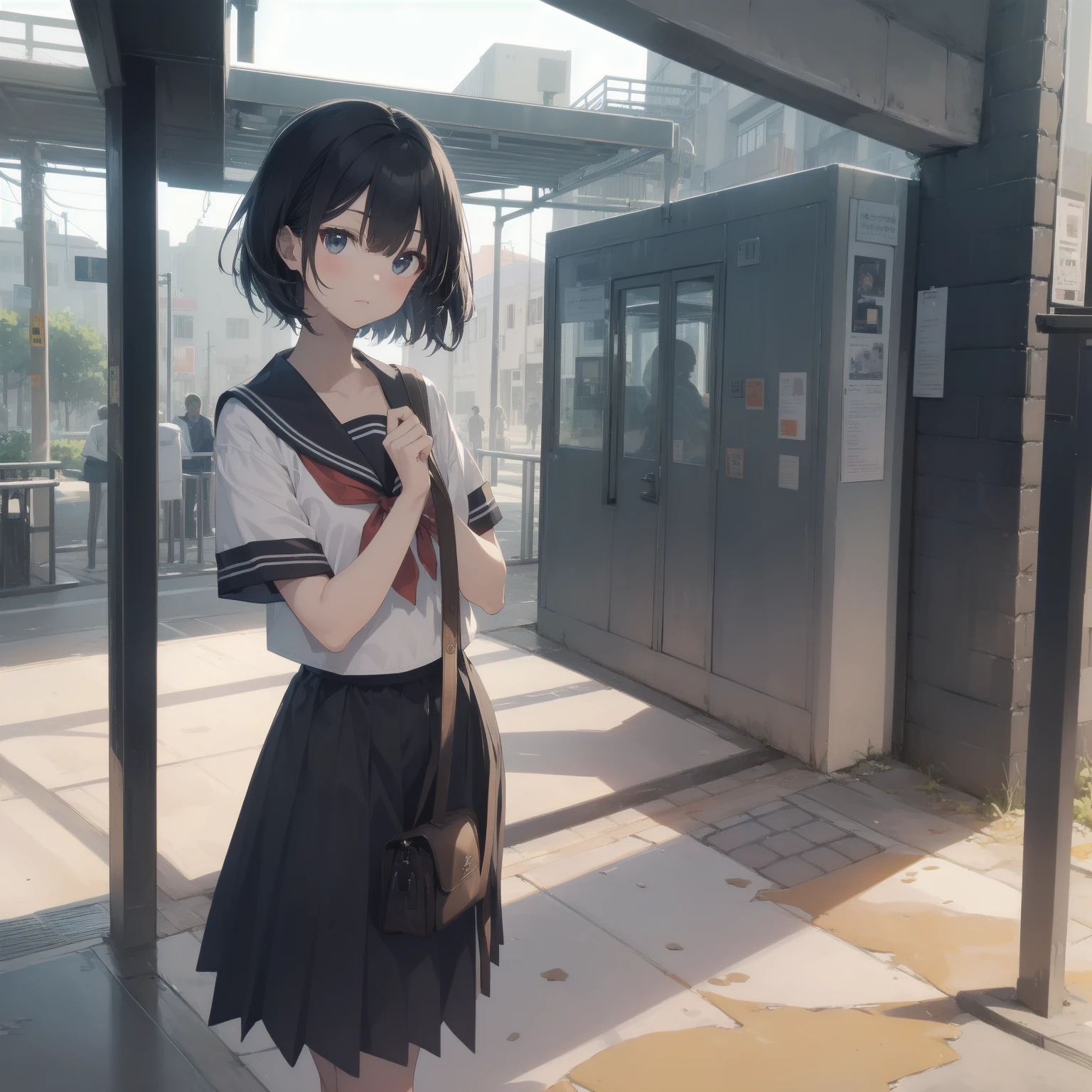 ultra-absurdres-Top quality by artist God, ultra-detailed, high resolution, anime moe artstyle, best anime 8k konachan wallpaper, pixiv contest winner, pool:2810, perfect anatomy,break, 1girl, (Please draw a girl walking sleepily to school alone. )break,(Solo,little female, 13-year-old:1.3),Full limbs, complete fingers,a junior high school student, (very short hair), short cut, flat chest, , small butt, small black eyes, beautiful detailed eyes, well-proportioned iris and pupils, expressive eyes, highres detailed hair, soft expression, salor school_uniform, sailor collar, serahuku, bow, pleated skirt,(Detailed Lighting), (Detailed background), in the School commute route. break,super detailed skin, Best cinematic lighting powered by famous artist, 8k,beauty illustration,photoshop_(medium),very aesthetic,break,((artist:takafumi )), artist:clamp ,artist:carnelian ,artist:kantoku ,