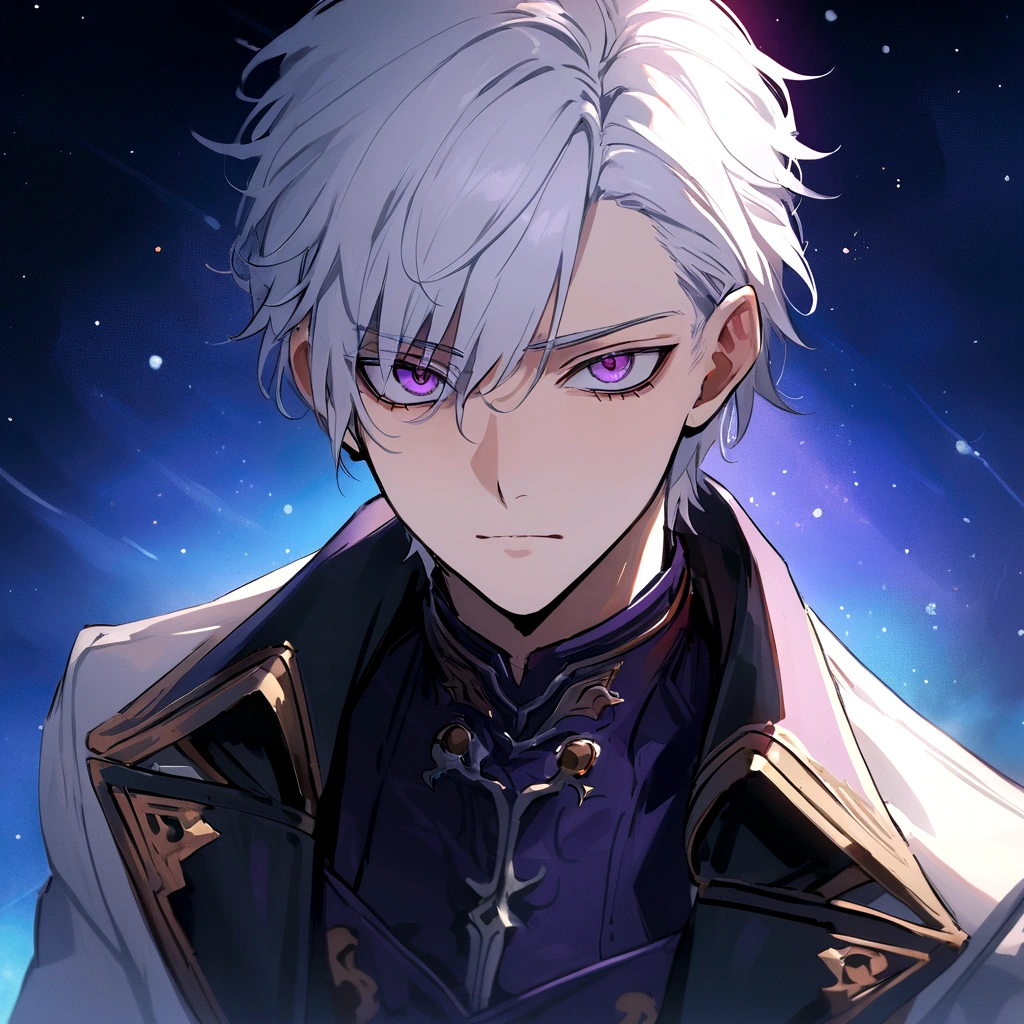High quality, HD, 4k, handsome male, 1male, , teenager, go lining, short white hair, sharp eyes, dark purple eyes, deep purple eyes, devil may cry, close up, calm expression, stoic expression, black leather clothes, white leather clothing, lean body, upper body, looking at viewer, cowboy shot, white solar, space background