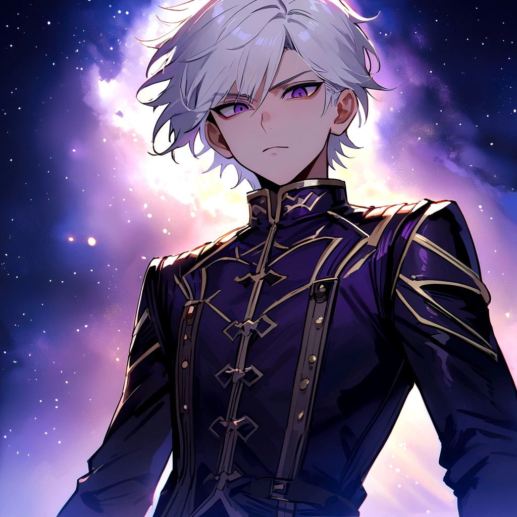 High quality, HD, 4k, handsome male, 1male, , teenager, golden lining, short white hair, sharp eyes, dark purple eyes, deep purple eyes, devil may cry, close up, calm expression, stoic expression, black leather clothes, white leather clothing, lean body, upper body, looking at viewer, cowboy shot, white solar, space background