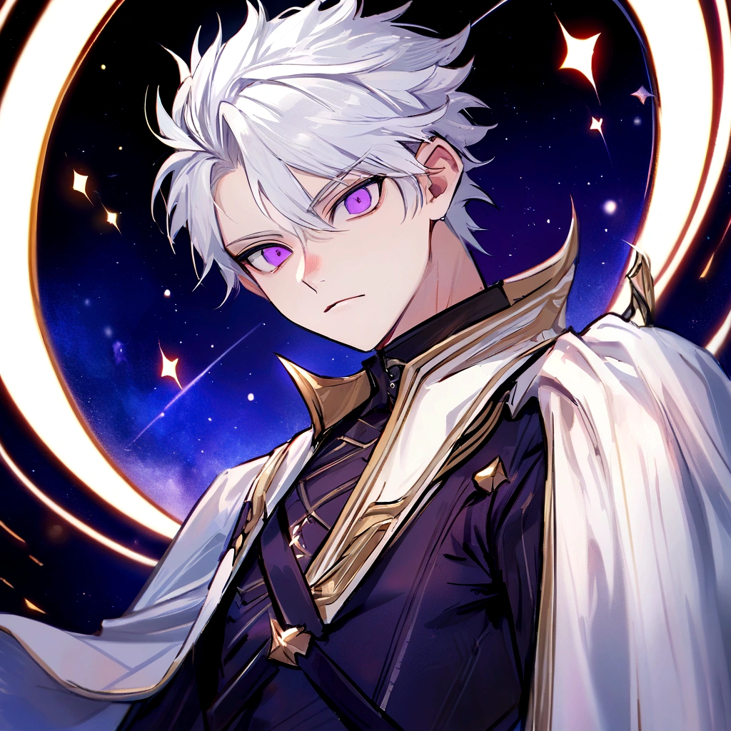 High quality, HD, 4k, handsome male, 1male, , teenager, go lining, short white hair, sharp eyes, dark purple eyes, deep purple eyes, devil may cry, close up, calm expression, stoic expression, black leather clothes, white leather clothing, lean body, upper body, looking at viewer, cowboy shot, white solar, space background