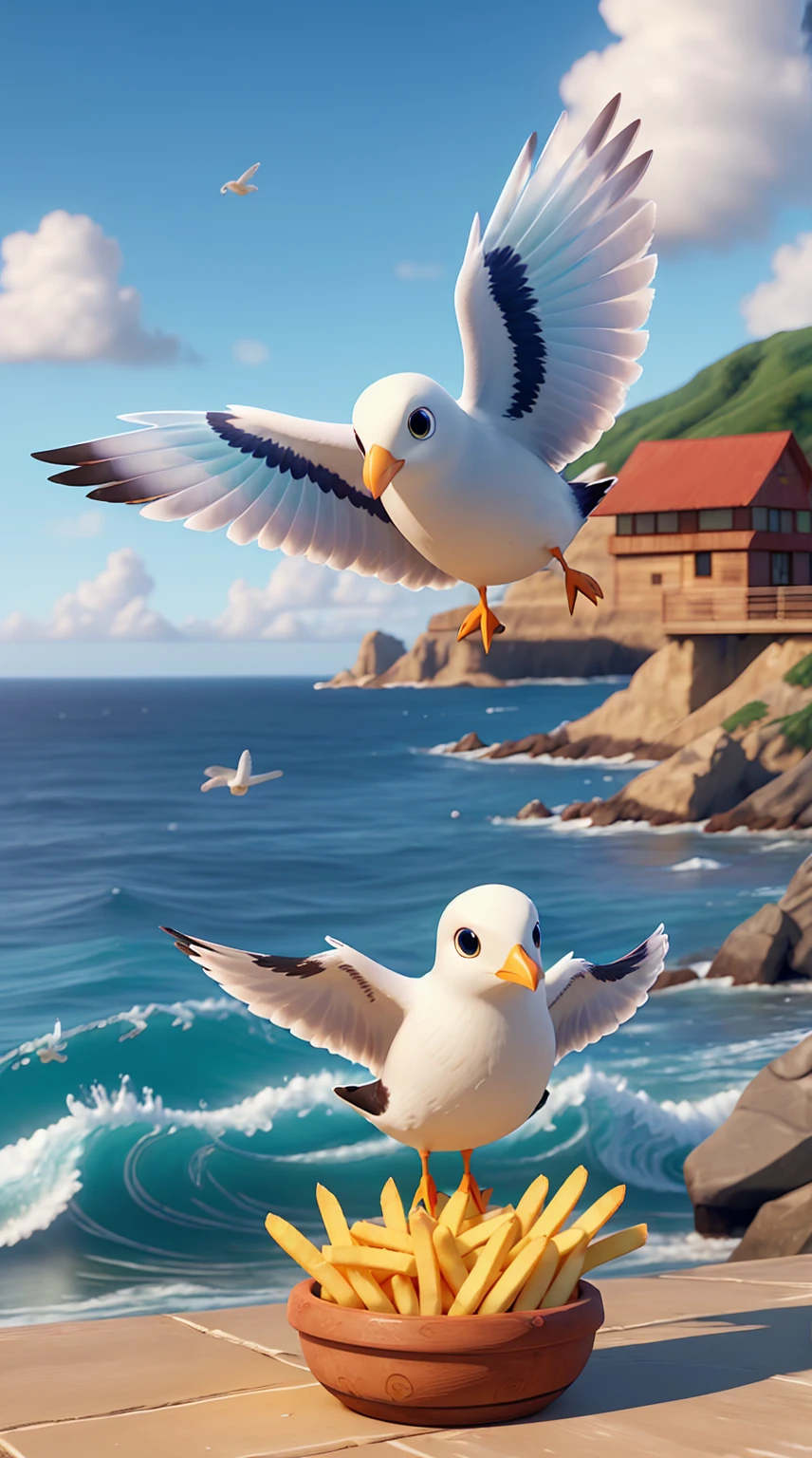 Seagull with french fries flying gracefully in the sky, pier, blue sky, white clouds, sea surface, beautiful seagull flying posture, detailed seagull eyes, detailed wings, detailed feathers, crisp french fries texture, clear pier structure. (best quality,4k,8k,highres,masterpiece:1.2), ultra-detailed, (realistic,photorealistic,photo-realistic:1.37), HDR, vivid colors, sharp focus, studio lighting, physically-based rendering, professional, bokeh, landscape, photography, detailed waves, detailed ocean, detailed background elements.