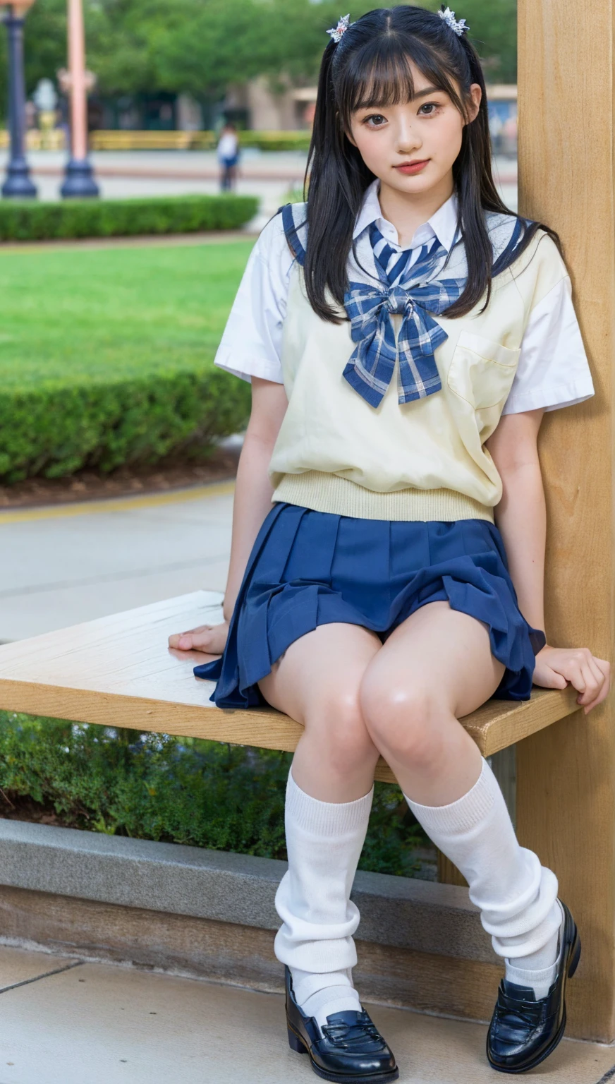 (photorealistic:1.4), best quality, masterpiece, raw 32k photo, (extremely detailed japanese beautiful girl), (extremely detailed eyes:1.2),(baby face), (cute face:1.2), ultra-detailed, ultra high res, amazing, BREAK,sitting,
(school uniform:1.5),detailed school girl, (disneyland:1.3), beautiful detailed girl, bangs, cute face, miniskirt,((baggysocks))