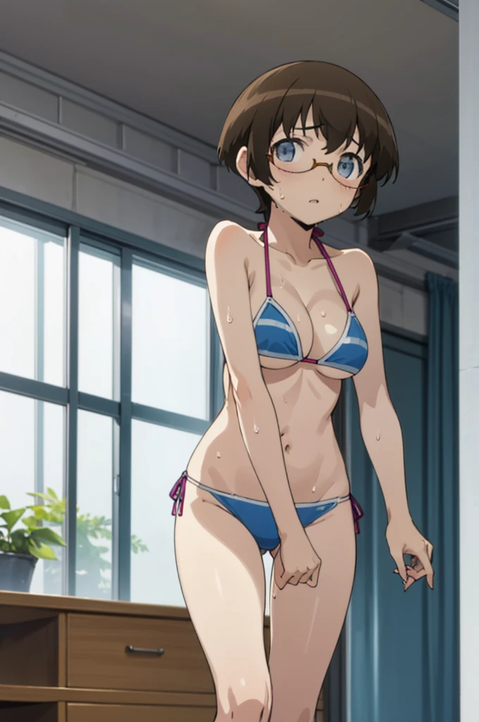 (masterpiece,best quality)solo, 1girl, looking at viewer, ,bikini, manami tamura, , thigh gap,,,,big breasts,indoor,sweating