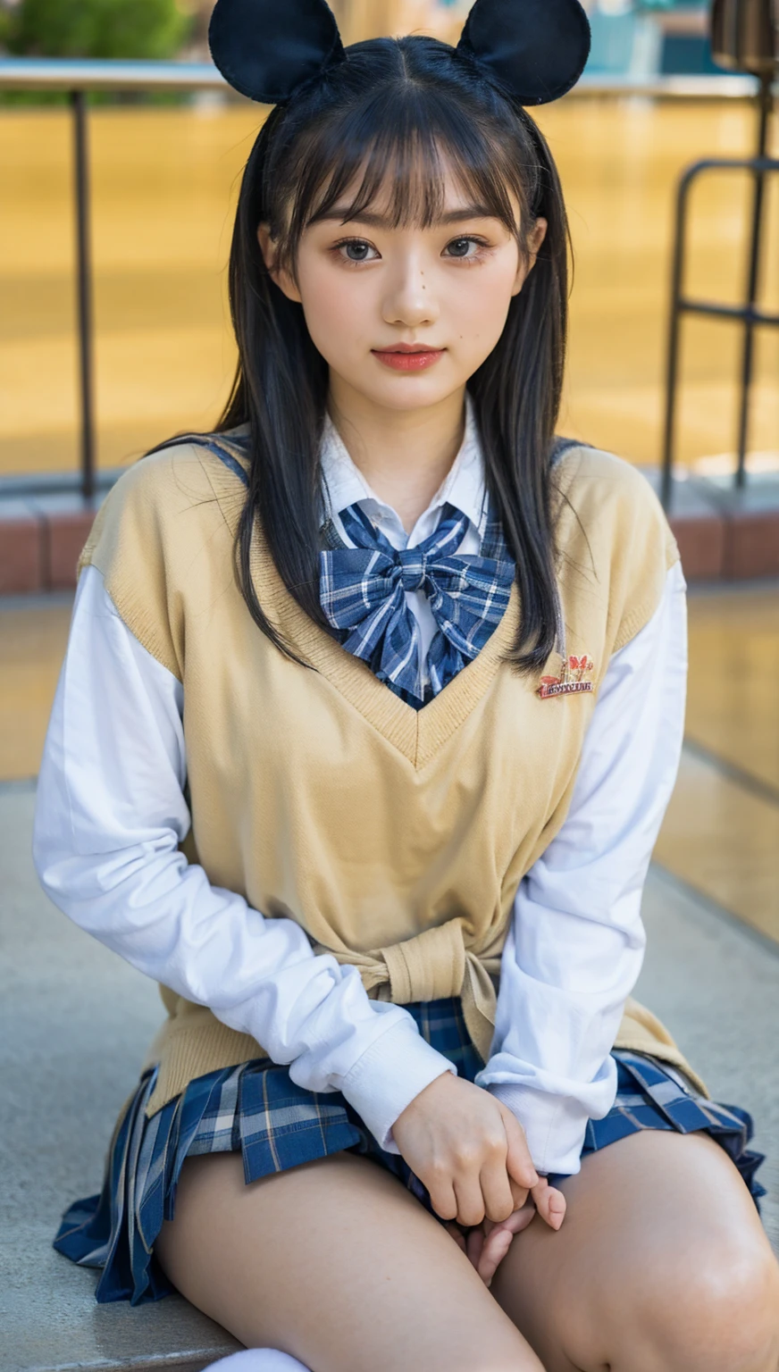 (photorealistic:1.4), best quality, masterpiece, raw 32k photo, (extremely detailed japanese beautiful girl), (extremely detailed eyes:1.2),(baby face), (cute face:1.2), ultra-detailed, ultra high res, amazing, BREAK,sitting,
(school uniform:1.5),detailed school girl, (disneyland:1.3), beautiful detailed girl, bangs, cute face, miniskirt